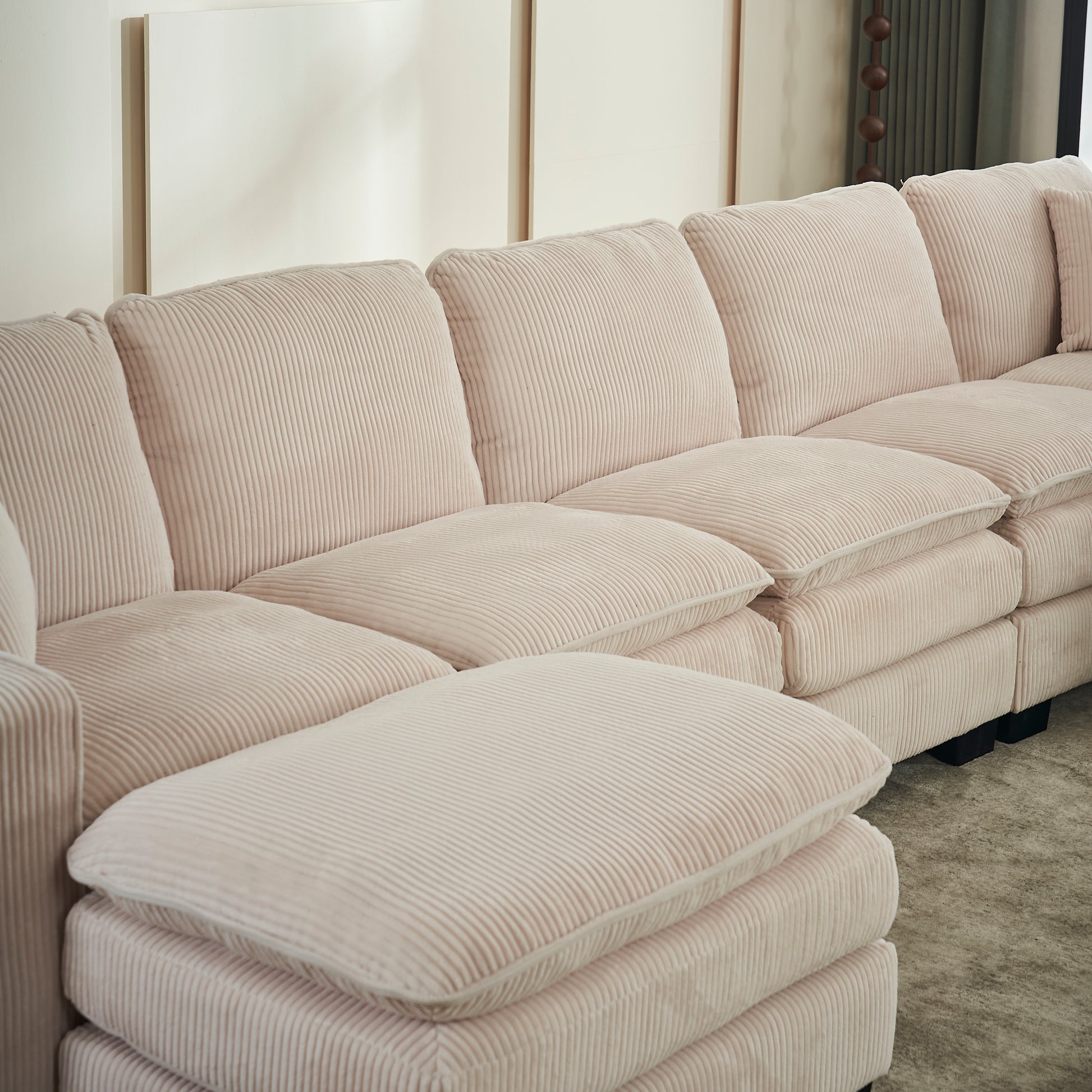 Modern U Shaped 6 Seat Sectional Sofa Couch With One Ottoman And Three Toss Pillows ,Modular Sofa For Living Room,Corduroy Sofa White Corduroy 7 Seat