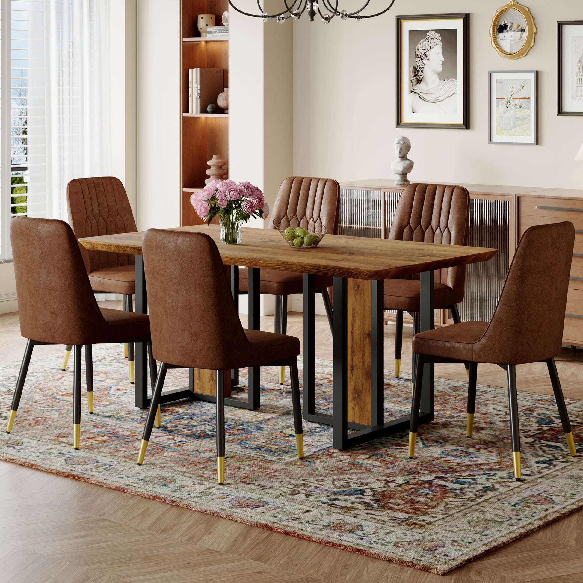 Table And Chair Set.67"X36" Wood Textured Mdf Dining Table Set With 6 Brown Suede Chairs.Mdf Sticker,Wood Colored Texture Sticker,Brown Armless Dining Chair,Suitable For Kitchen,Dining Room,Etc.