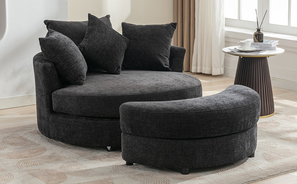 Orisfur. 360 Swivel Accent Barrel Chair With Storage Ottoman & 4 Pillows, Modern Chenille Leisure Chair Round Accent For Living Room, Gray Gray Foam Chenille