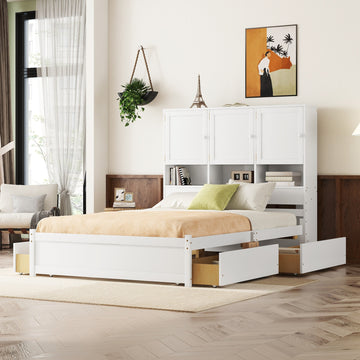 Queen Size Platform Bed With Storage Headboard And 4 Drawers, White Box Spring Not Required Queen White Wood Bedroom Bed Frame Solid Wood Mdf
