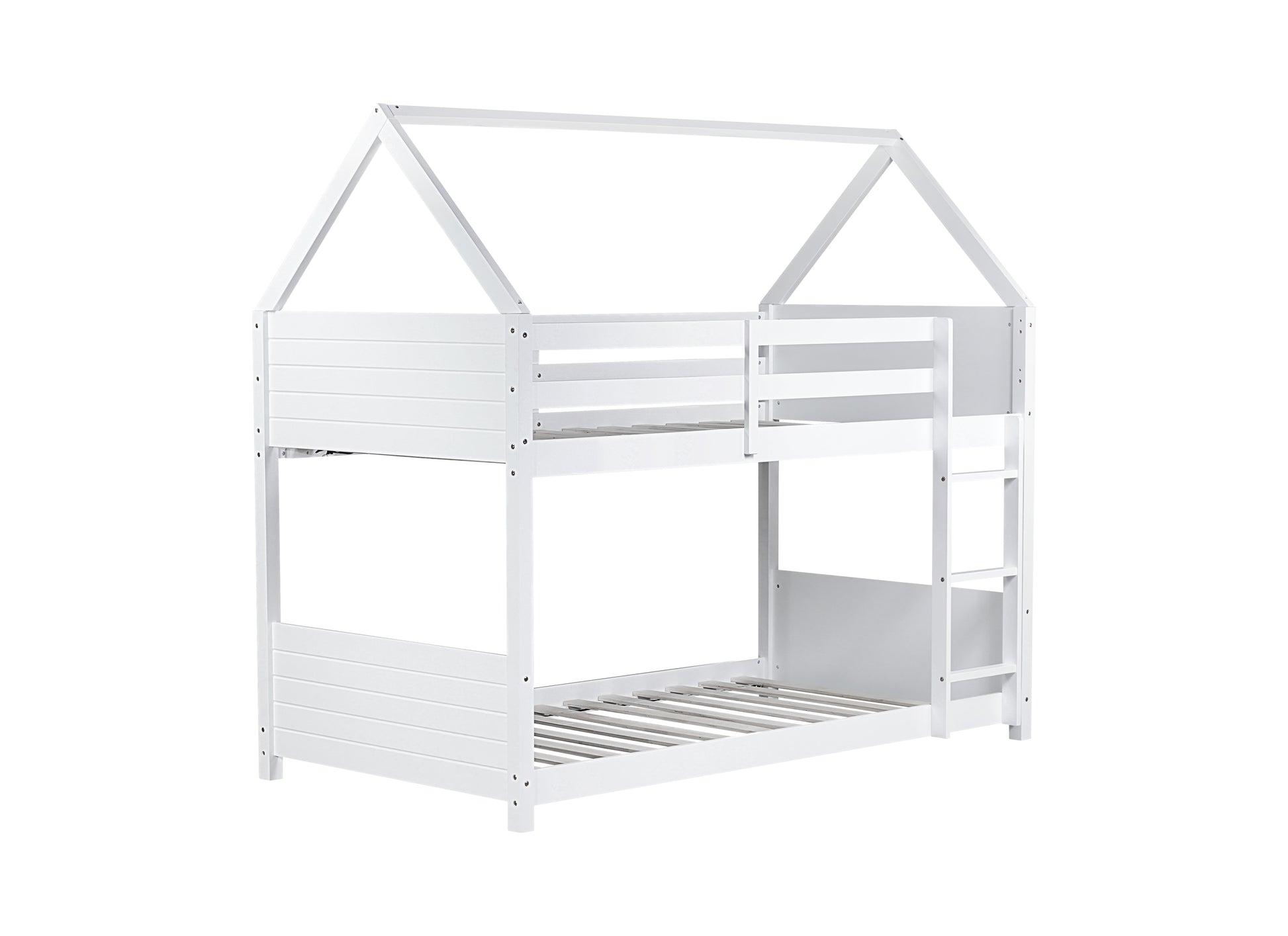 Twin Over Twin House Floor Bunk Bed With Headboards, Footboards And Guardrails, Ladder, Rubber Wood Bunk Bed With Safety Guardrails,White Twin White Rubber Wood