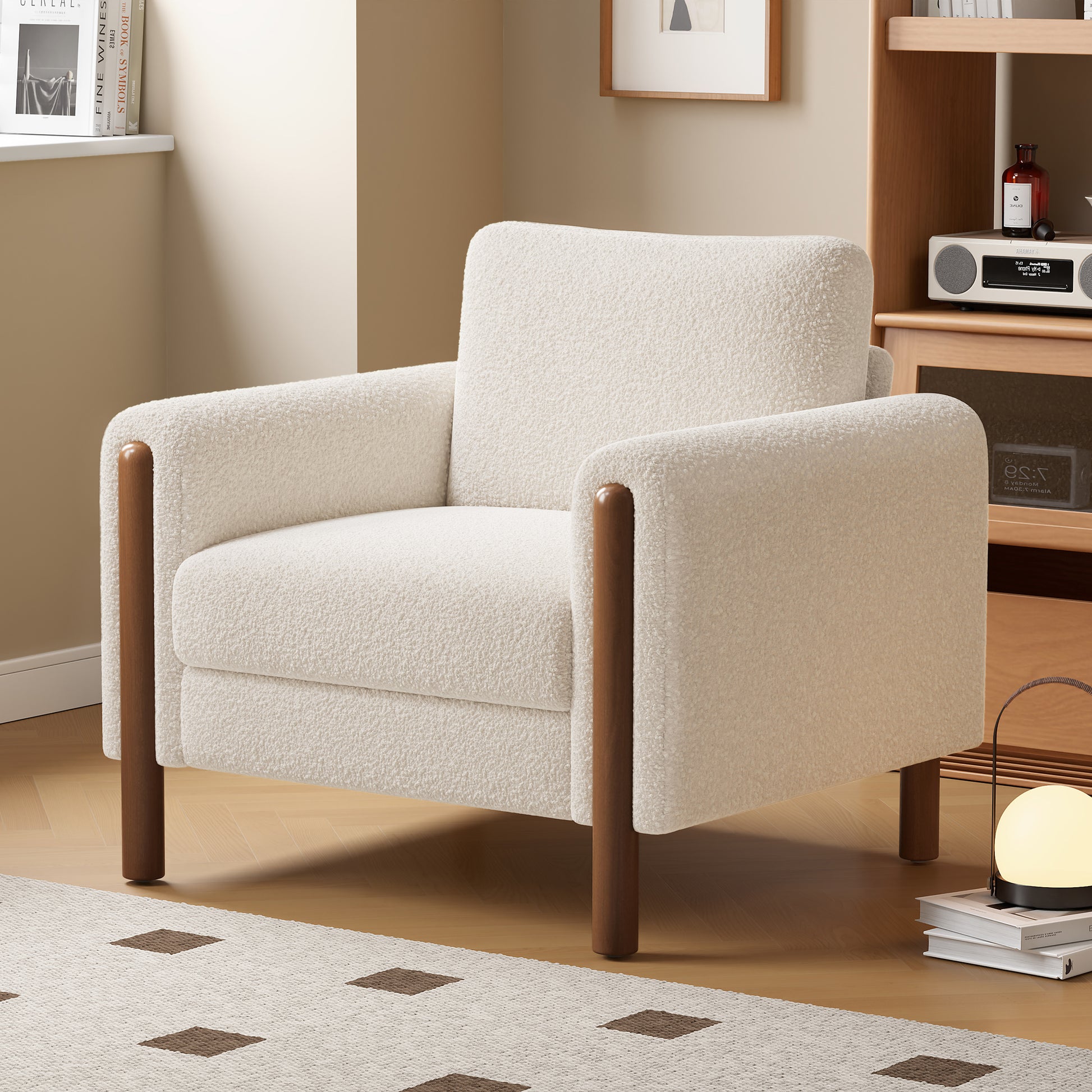 Oversized Accent Chair, Upholstered Living Room Chairs Single Sofa Chair With Walnut Legs, Curved Handrail, White White Teddy