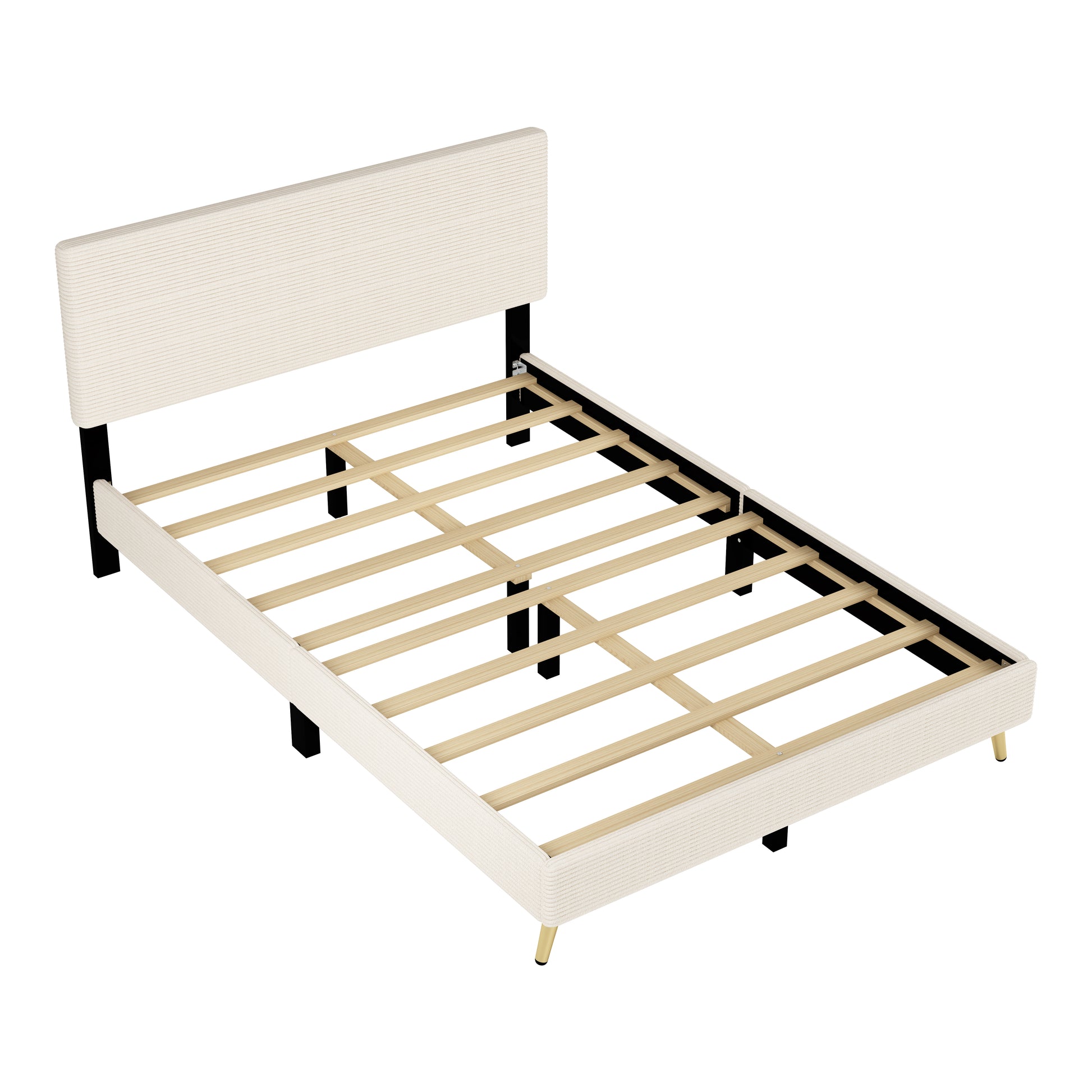 Queen Size Corduroy Upholstered Bed Frame, Platform Bed With Horizontal Stripe Headboard, No Box Spring Needed, Beige Queen Beige Bed Frame Solid Wood Mdf