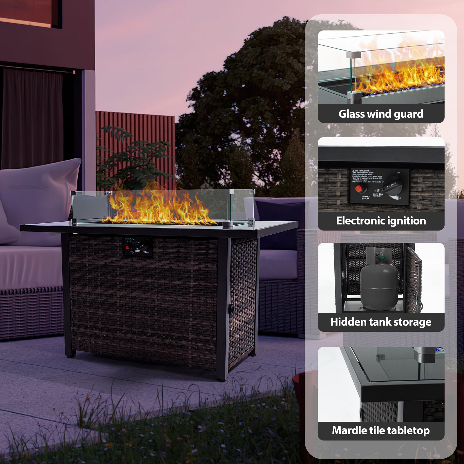 Outdoor Fire Pit 50,000 Btu Propane Gas Fire Table With Lid Fireplace With Glass Wind Guard Wicker Base For Garden, Patio, Backyard, 44" Black Brown Garden & Outdoor Modern Pe Rattan Iron,Rattan