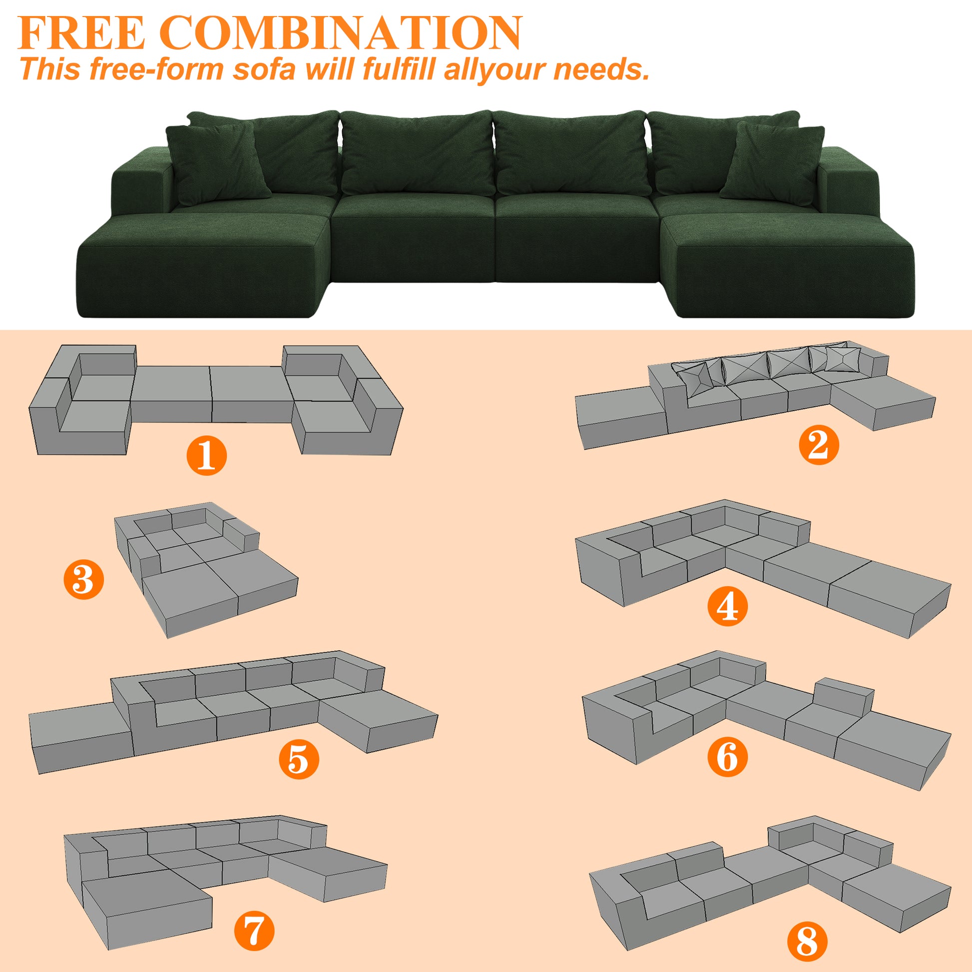 Oversized Sponge Cloud Sofa,Modern Upholstered Sectional Sofa Couch Set,Modular 162" L Shaped Sectional Living Room Sofa Set With 6 Pillows,Free Combination Sofa Couch For Living Room,Bedroom Green Foam Chenille 6 Seat