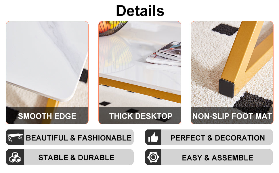 0.4Inch Thick White Marble Patterned Rock Table, Easy To Clean, Paired With Golden Metal Legs, Sturdy And Durable. Large Size Can Meet Various Needs.Can Be Used As A Dining Table, Coffee Table.47*23.6 White Sintered Stone
