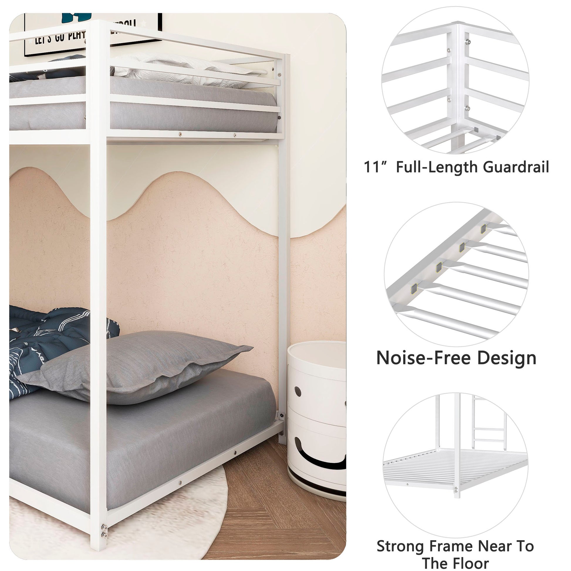 Adam Twin Over Twin Metal Bunk, White Twin Box Spring Not Required White Metal Bedroom Bed Frame Metal Metal