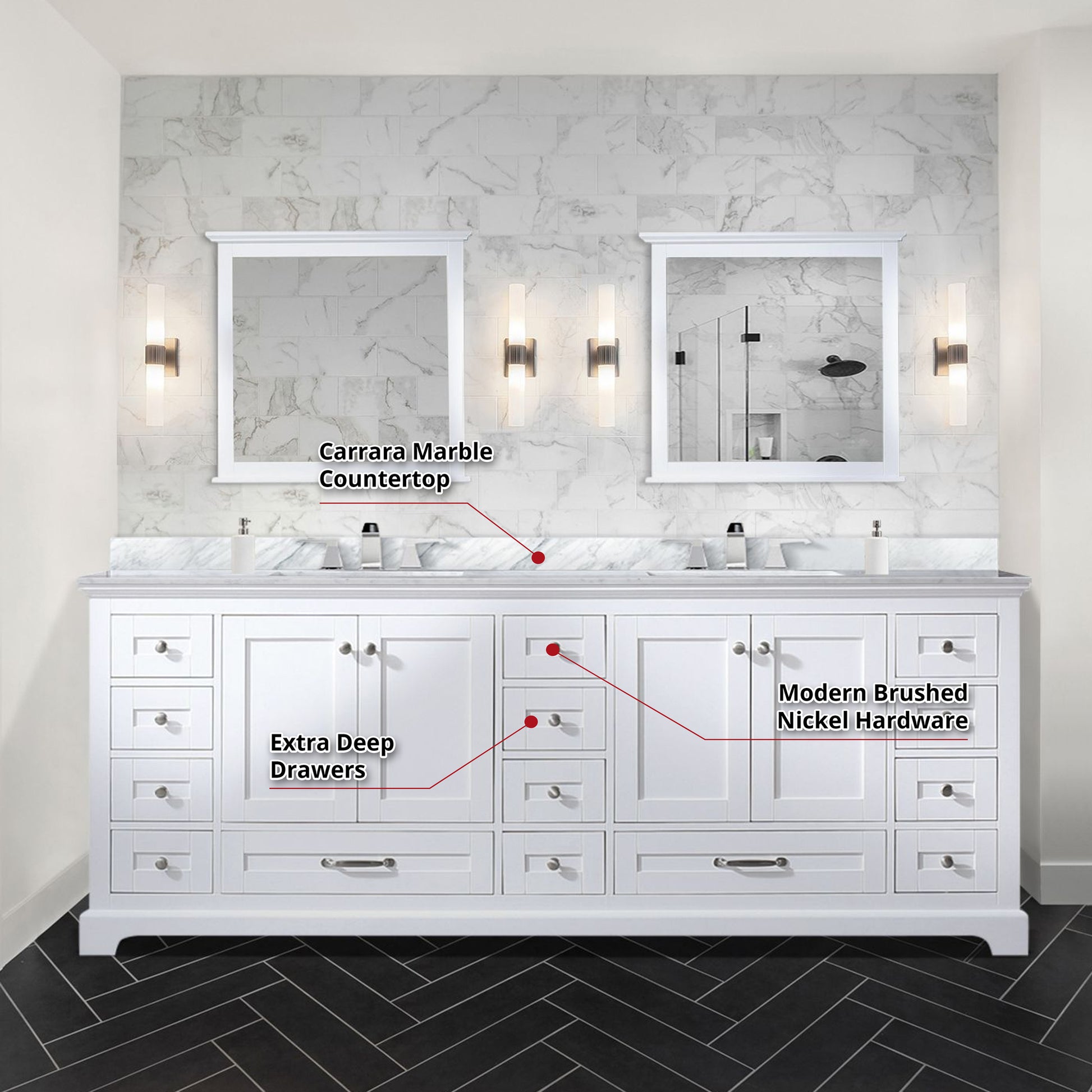 White Double Bath Vanity 84 In. W X 22 In. D, Carrara Marble Top, And Faucet Set White Plywood Wood