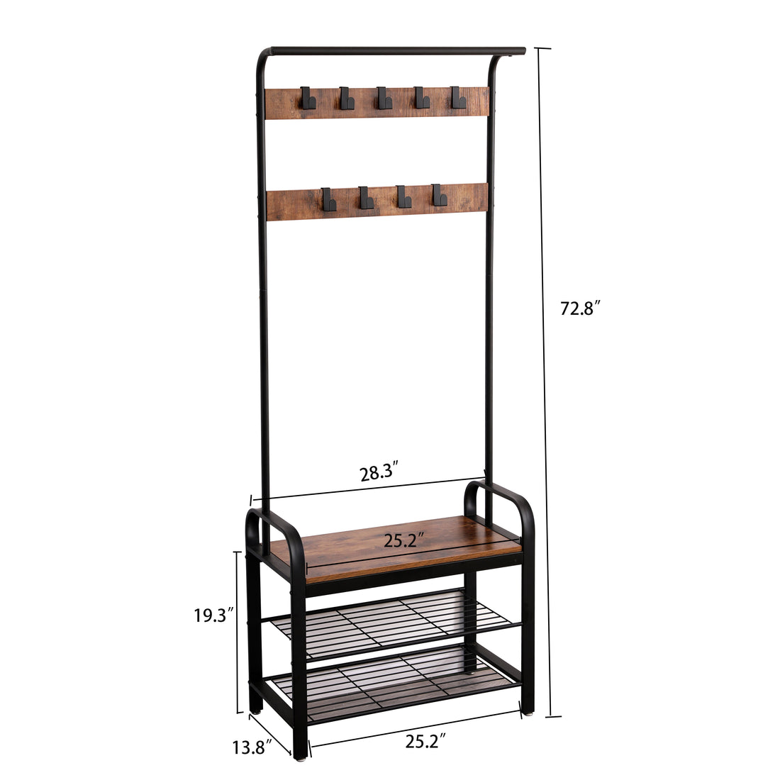 Coat Rack, Hall Tree With Shoe Bench For Entryway, Entryway Bench With Coat Rack, 4 In 1, With 9 Removable Hooks, A Hanging Rod, 15 X 28 X 71 Inches, Rustic Brown And Black Brown Mdf Metal