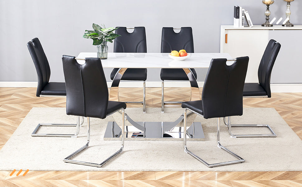 Black Pu Dining Chair Set.Uniquely Designed Black Dining Chairs. Pu Material, Paired With Silver Metal Chair Legs. Suitable For Offices, Restaurants, Kitchens, Conference Rooms, Etc. Set Of 4 Black