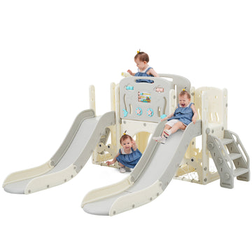 Kids Slide Playset Structure 8 In 1, Freestanding Ocean Themed Set With Slide, Arch Tunnel,Basketball Hoop And Telescope, Double Slides For Toddlers, Kids Climbers Playground Grey 50 99 Lbs Cute 1 To 2 Years Hdpe Indoor & Outdoor Use