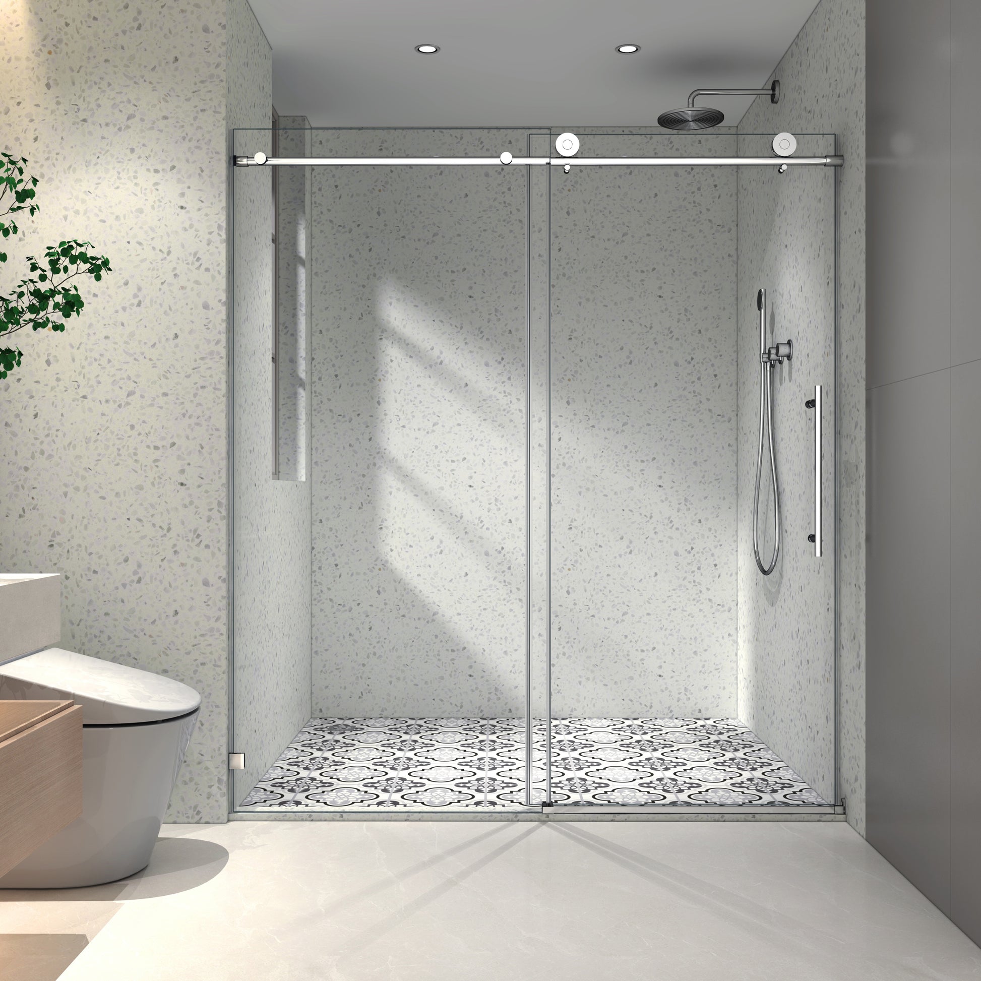 4876 Chrome Frameless One Fixed And One Shifted Shower Door, 70Mm 304 Stainless Steel Large Pulleys With Adjustable Soft Closing Function,With Nano Easy Cleaning And Stick Explosion Proof Menbrance Chrome Bathroom American Design,Minimalist Glass Metal