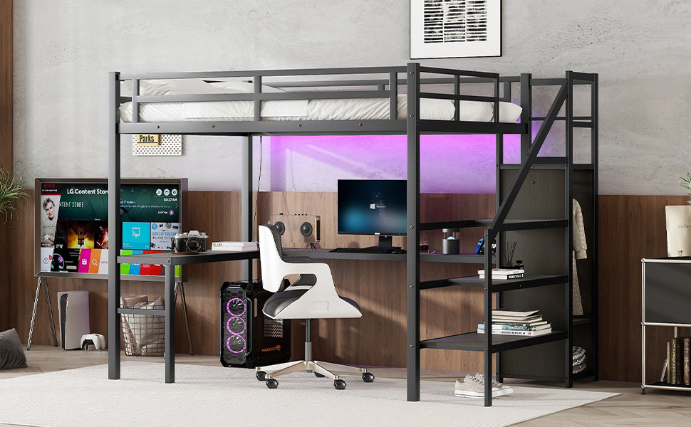 Full Xl Size Loft Bed With L Shaped Desk And Usb, Metal Loft Bed With Wardrobe And Adjustable Shelf, High Loft Bed With Led For Kids Teens Adults, Black Expect Arrive 2024 10 10 Full Xl Black Metal