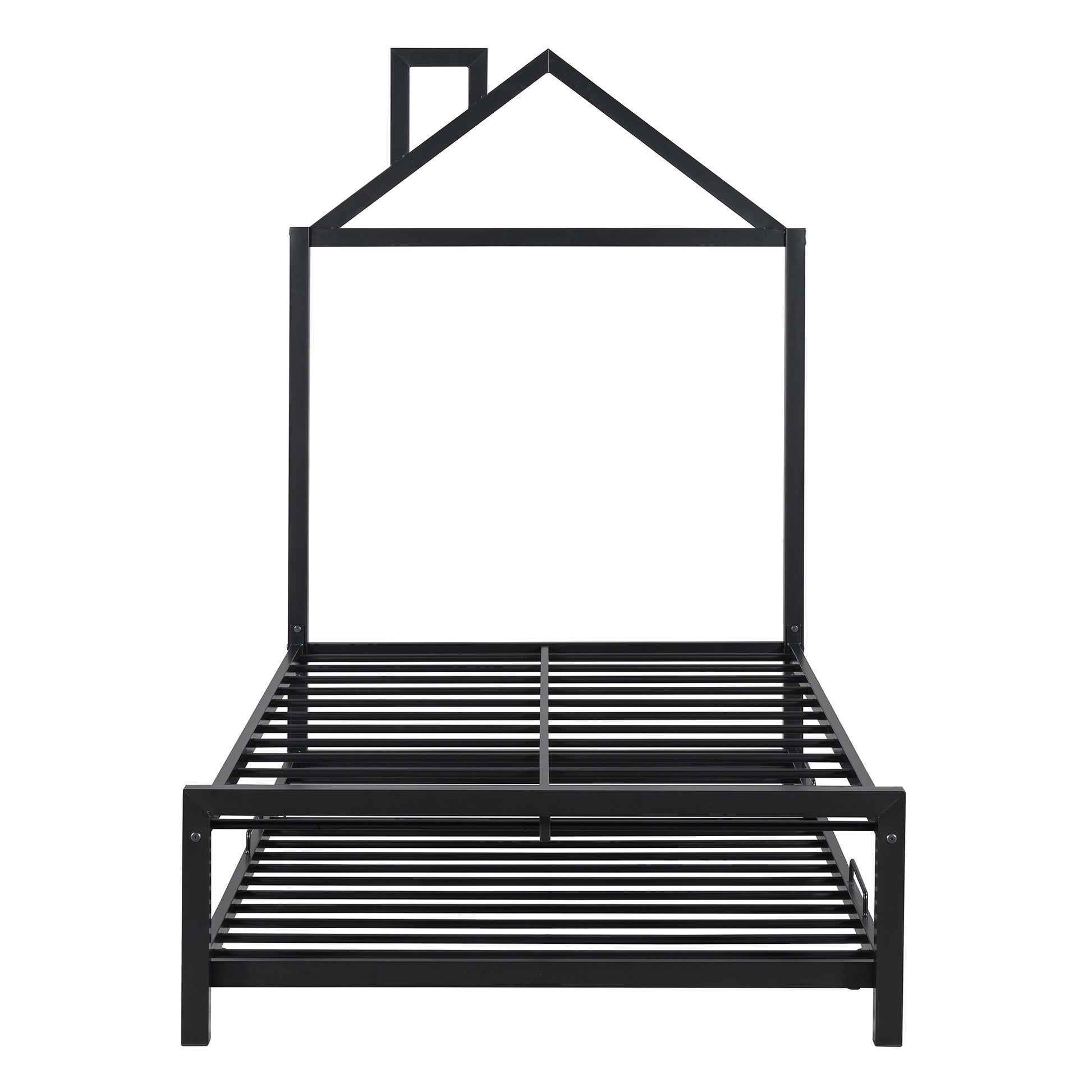 Twin Size Metal Platform Bed With Twin Size Trundle,House Shaped Headboard Design, Black Twin Black Metal