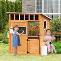 Outsunny Wooden Playhouse For Kids Outdoor With Working Door, Windows, Mailbox, Bench, Flowers Pot Holder, 48