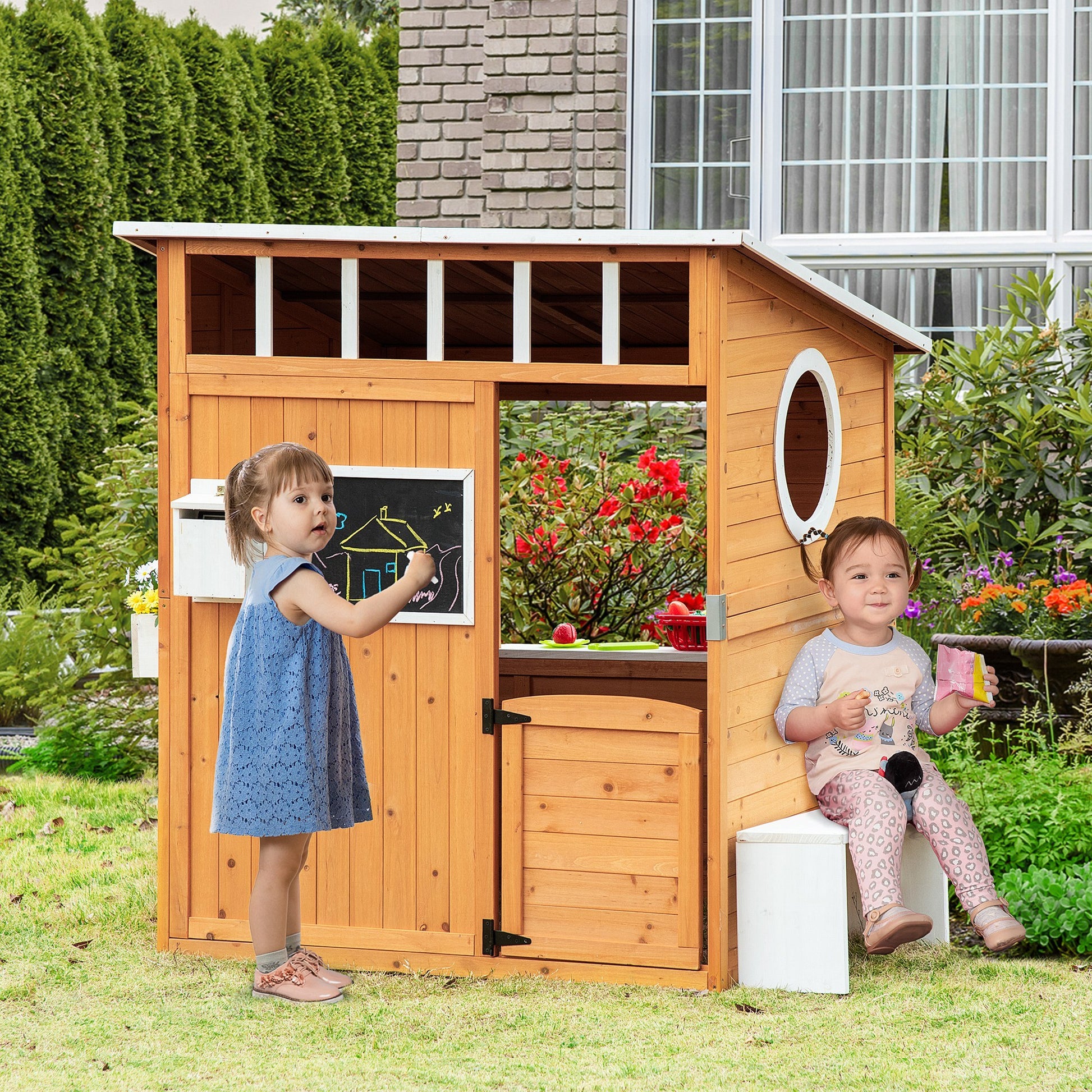 Outsunny Wooden Playhouse For Kids Outdoor With Working Door, Windows, Mailbox, Bench, Flowers Pot Holder, 48" X 42.5" X 53" Yellow Wood