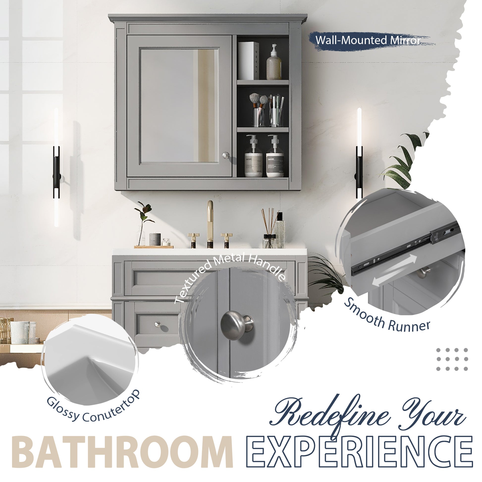 30'' Bathroom Vanity With Top Sink, Modern Bathroom Storage Cabinet With 2 Drawers And A Tip Out Drawer, Freestanding Vanity Set With Mirror Cabinet, Single Sink Bathroom Vanity Grey Bathroom Solid