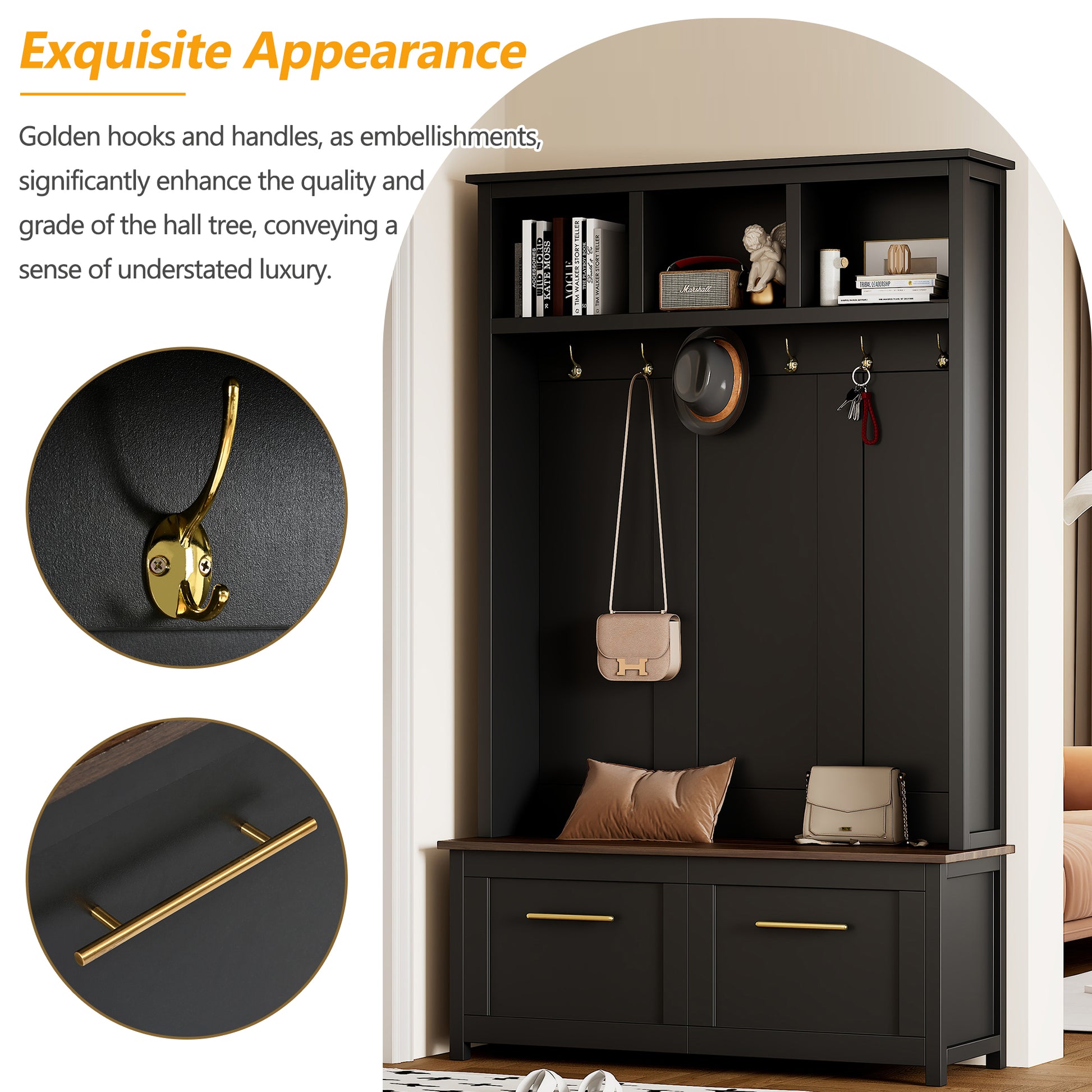 Versatile 4 In 1 Hall Tree With 6 Golden Hooks, Wood Grain Bench With Multiple Storage Space, Entryway Coat Rack With 2 Drawers For Living Room, Hallway, Black, 76.6''H Old Sku:N721S000034B Black