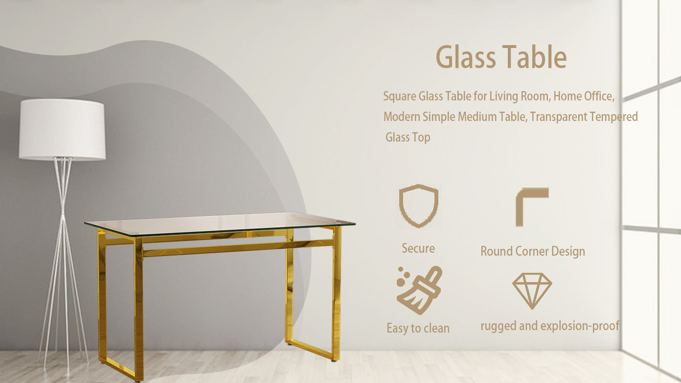 Modern Minimalist Rectangular Glass Dining Table For 4 6 With 0.31" Tempered Glass Tabletop And Golden Chrome Metal Legs, Writing Table Desk, For Kitchen Dining Living Room, 51" W X 27"D X 30" H Transparent Glass Glass