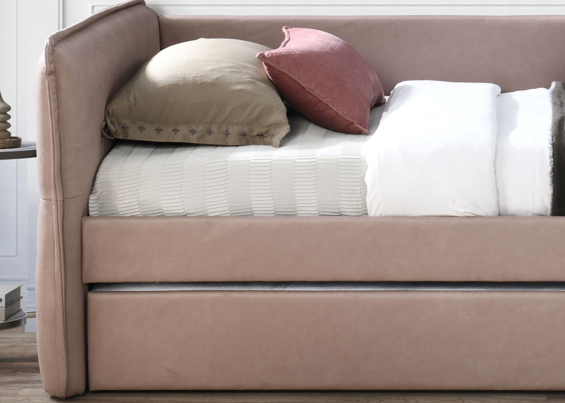 Daybed With A Trundle In Dusty Rose Mauve Upholstered