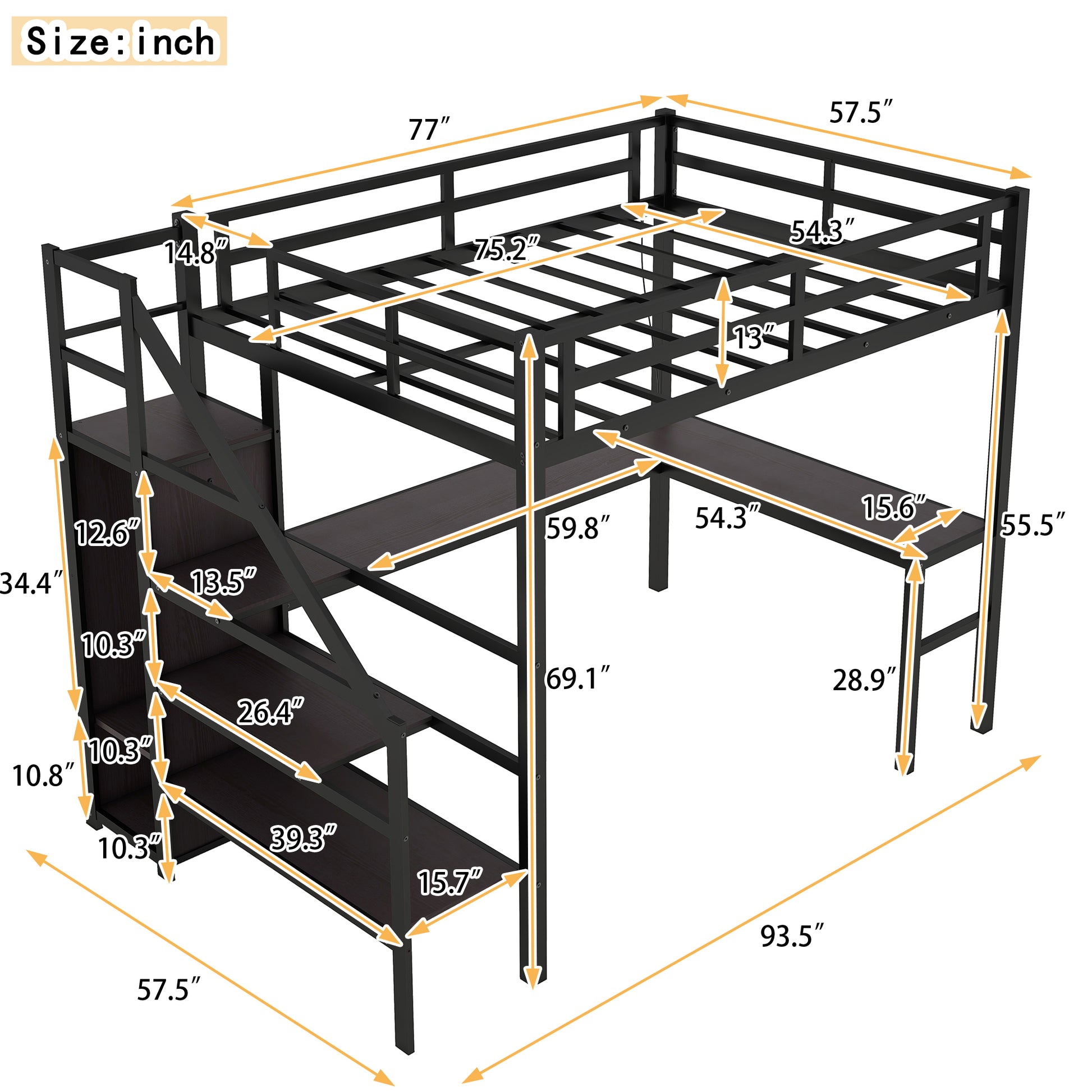 Full Size Loft Bed With L Shaped Desk And Usb, Metal Loft Bed With Wardrobe And Adjustable Shelf, High Loft Bed With Led For Kids Teens Adults, Black Full Black Metal