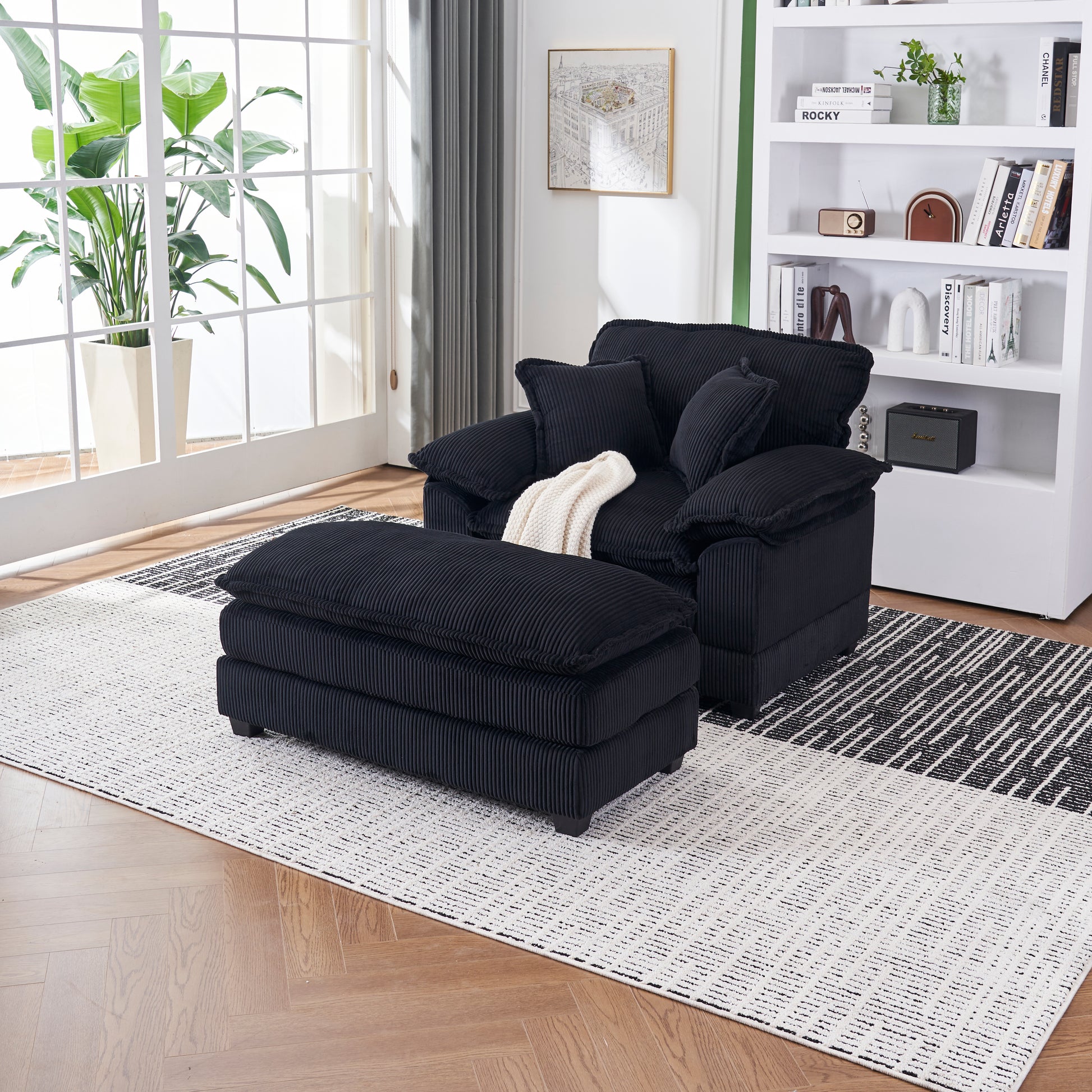 56.3 Inch Corduroy Single Sofa With 2 Toss Pillows And A Ottoman ,Comfy Sofa Deep Seat Couch For Living Room Black Foam 1 Seat