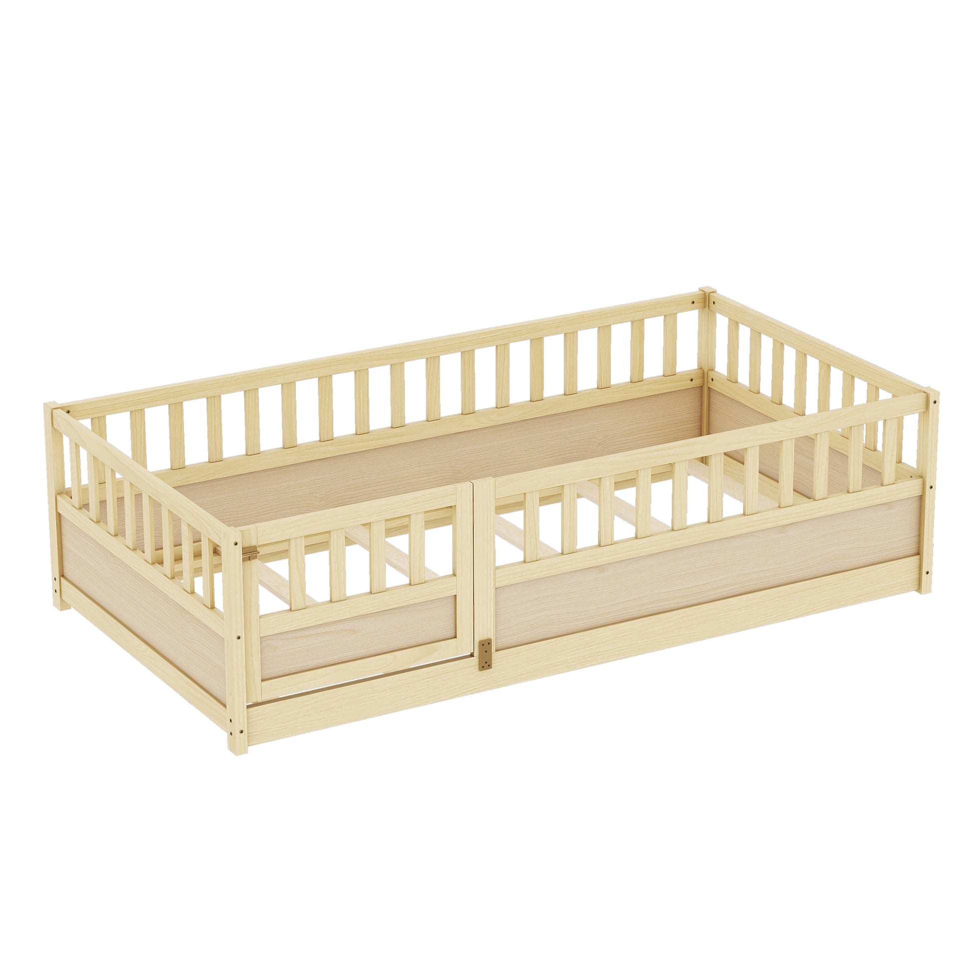 Twin Size Floor Bed, Integral Construction With Super High Security Barrier, Door, Children'S Floor Bed Frame, Montessori Wooden Children'S Floor Bed, Support Slat Natural Wood Box Spring Required