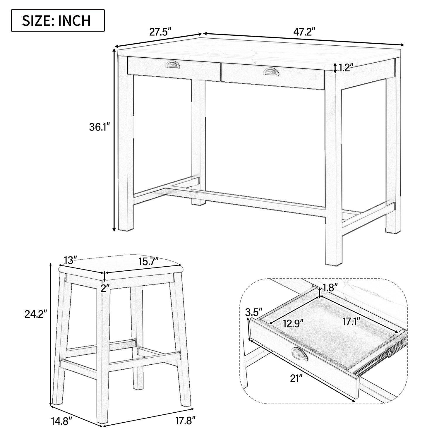 3 Piece Modern Faux Marble Versatile Bar Table Set With Storage Drawers And Padded Stools, Ideal For Space Saving Dining Nooks Or Small Kitchens Black Black Solid Wood Mdf