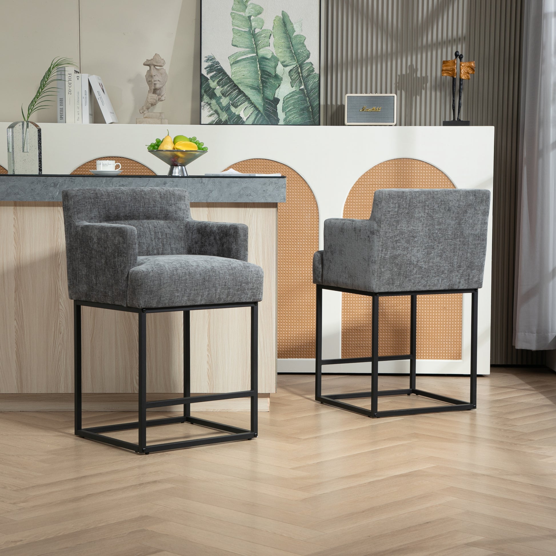 Coolmore Counter Height Bar Stools Set Of 2, Modern Barrel Bar Stool With Backrest And Arms, Black Metal Frames, Upholstered Bar Stools For Kitchen Island, Pub, Club Gray Foam Chenille