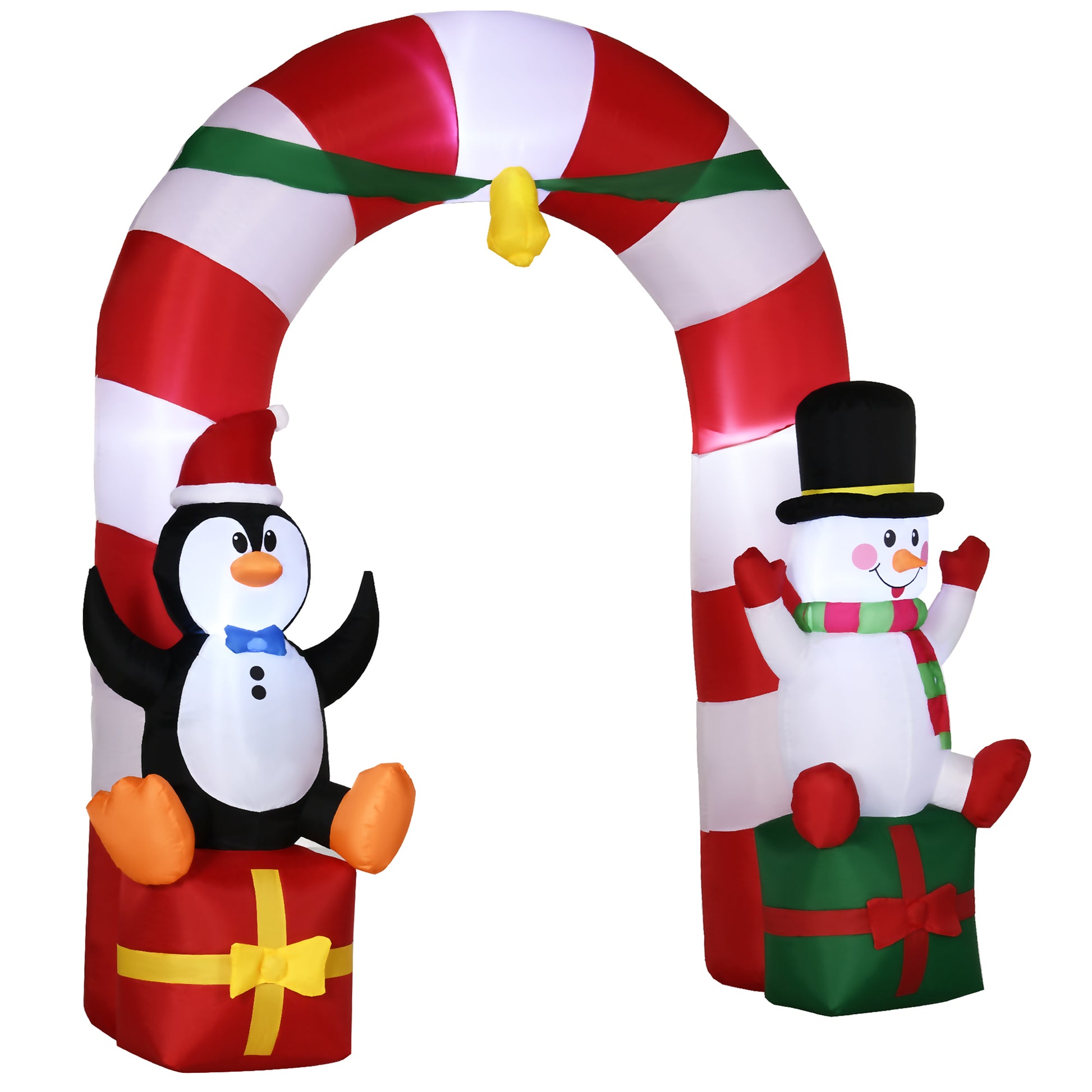 Outsunny 9Ft Christmas Inflatables Outdoor Decorations Candy Cane Archway With Penguin Snowman Sit On Gift Box, Blow Up Led Yard Christmas Decor For Lawn Garden White Polyester