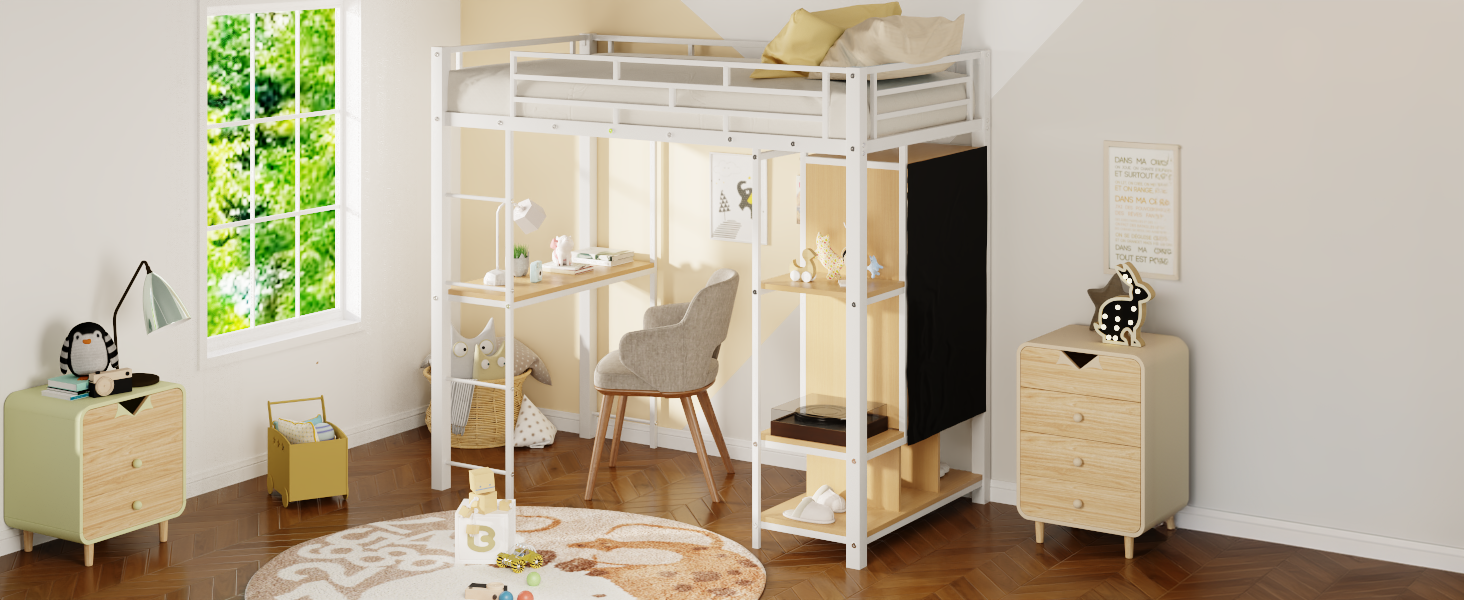 Twin Size Metal Loft Bed With Built In Wardrobe, Desk And Shelves, Black Expected Arrival Time: 9.3 Box Spring Not Required Twin White Metal Mdf Metal