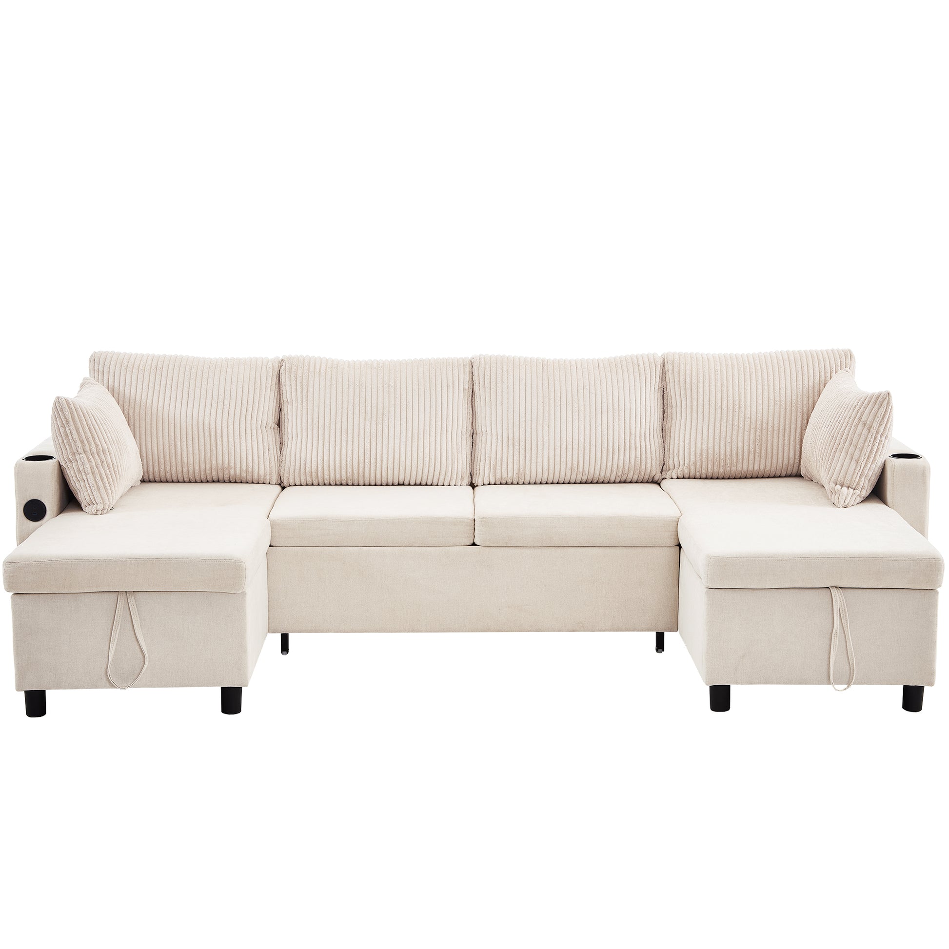 111.8" Sectional Sofa Pull Out Sofa Bed Versatile Sofa Sleeper With Large Storage Space, Two Usb Ports And Two Cup Holders For Living Room, Beige Beige Foam Chenille 4 Seat