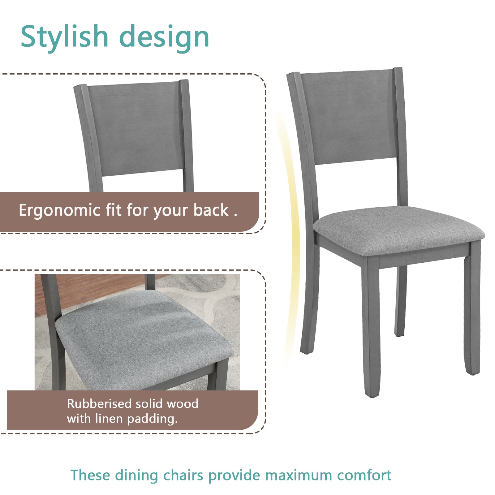 5 Piece Modern Dining Set, Rectangular Wooden Dining Table With 4 Upholstered Chairs For Kitchen, Dining Room, Gray Wood Gray Seats 4 Gray Wood Dining Room Acacia 4 Leg Rectangular Dining Table With Chair Acacia Wood