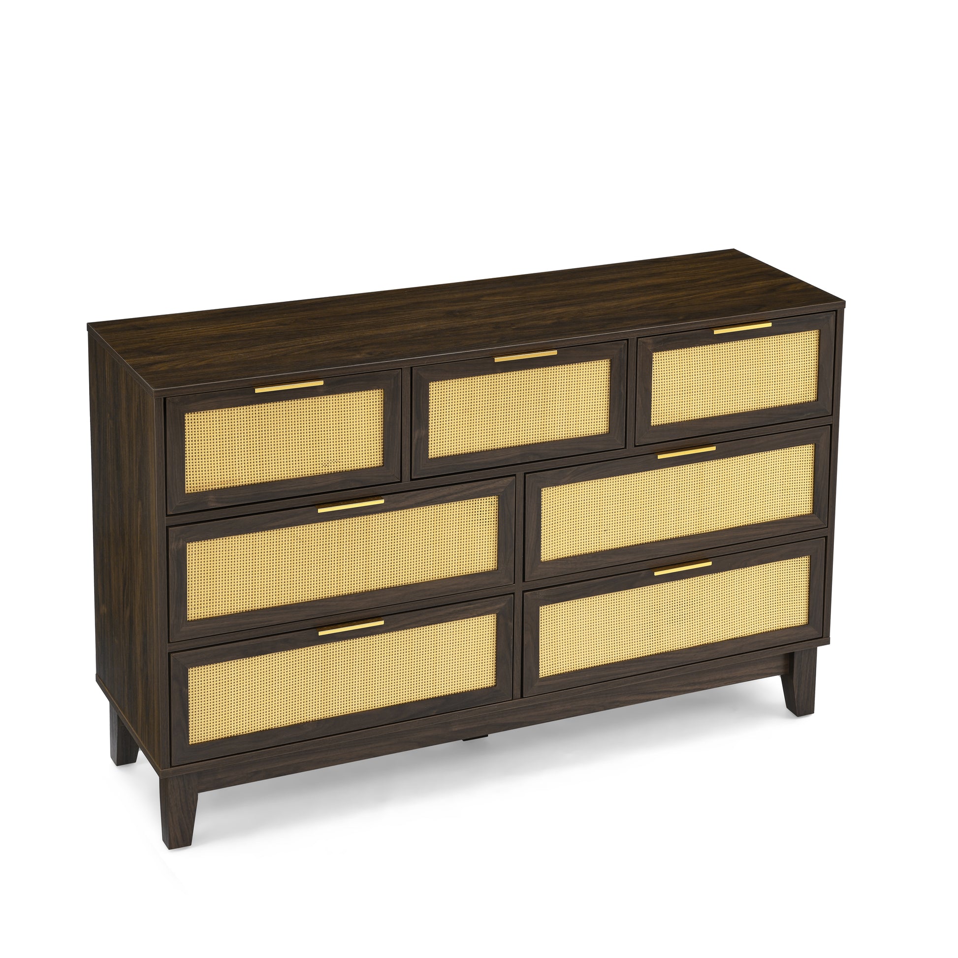 Bedroom 7 Drawer Dresser, Rattan Dresser Modern Wooden Chest Of Drawers With Spacious Storage Space For Bedroom Hallway Living Room Walnut Solid Wood Mdf