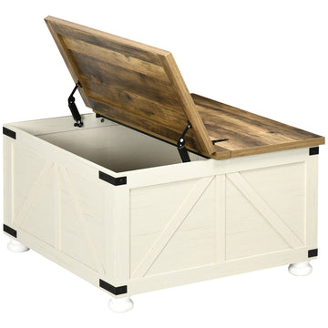 Homcom Farmhouse Coffee Table With Storage, Large Square Coffee Table Antique White Particle Board