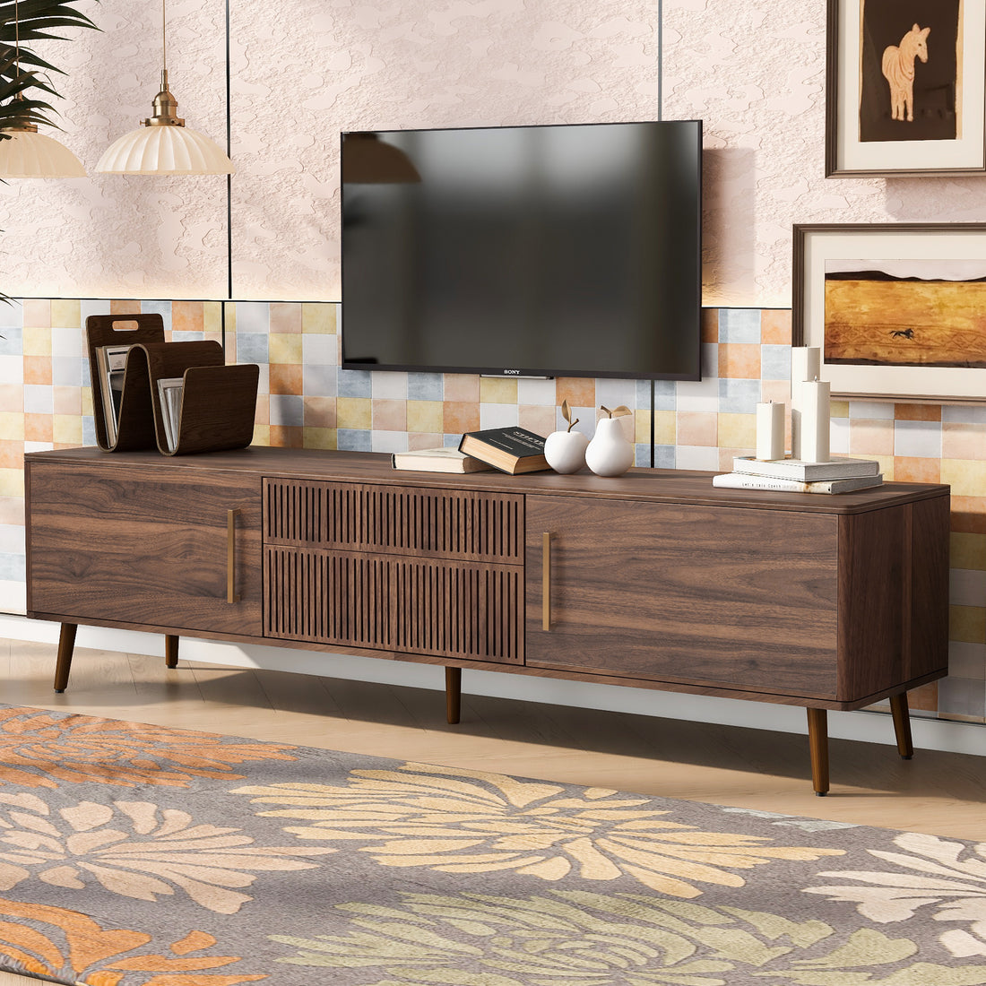 Mid Century Tv Stand With 2 Drawers, Media Console Table For Tvs Up To 80'', Entertainment Center With Storage For Living Room, Bedroom, Home Theatre Walnut Primary Living Space 70 79 Inches 70 79