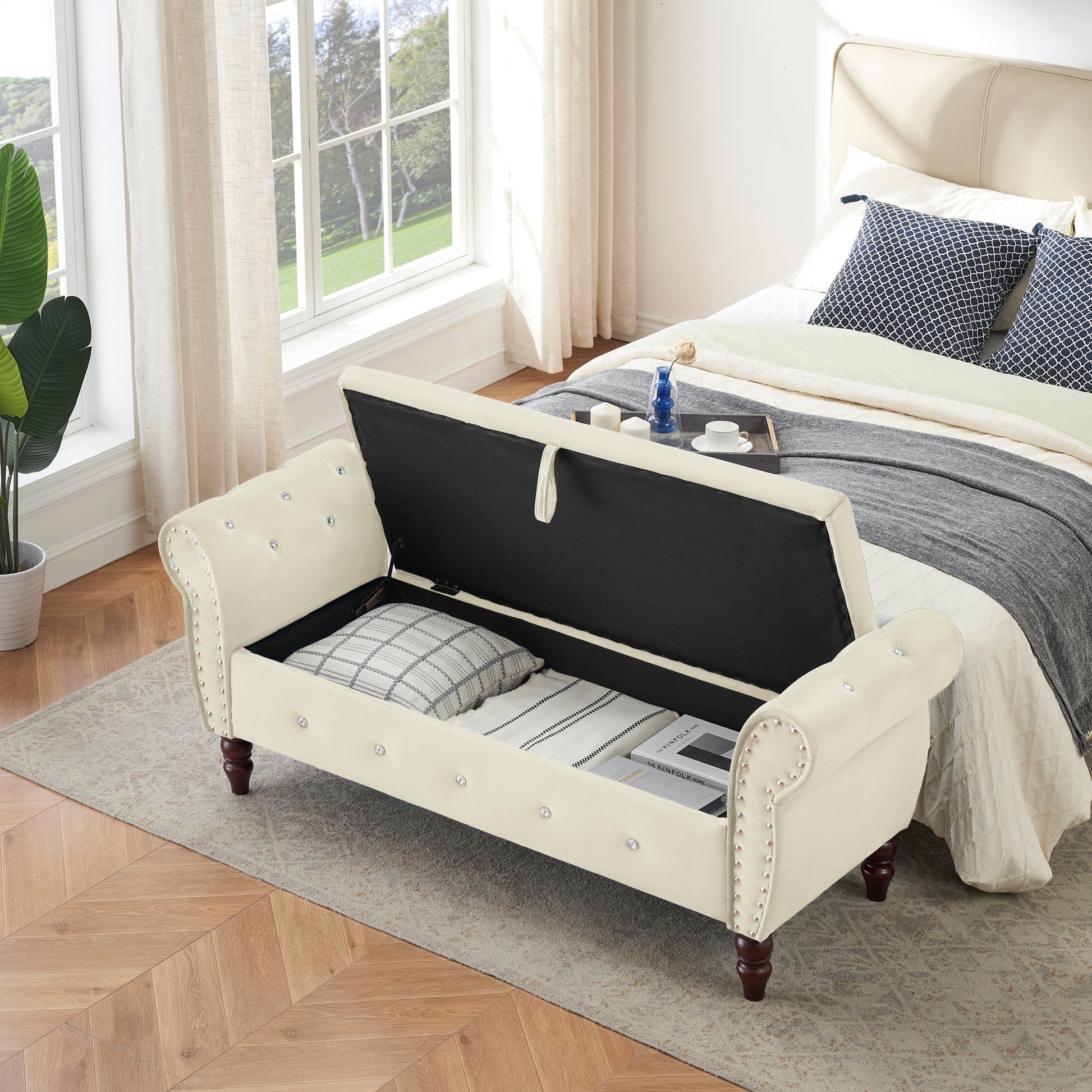 63.38"Velvet Multifunctional Storage Rectangular Ottoman Bench Comes With Crystal Buckle Solid Wood Legs With 1 Pillow,Beige Beige Velvet