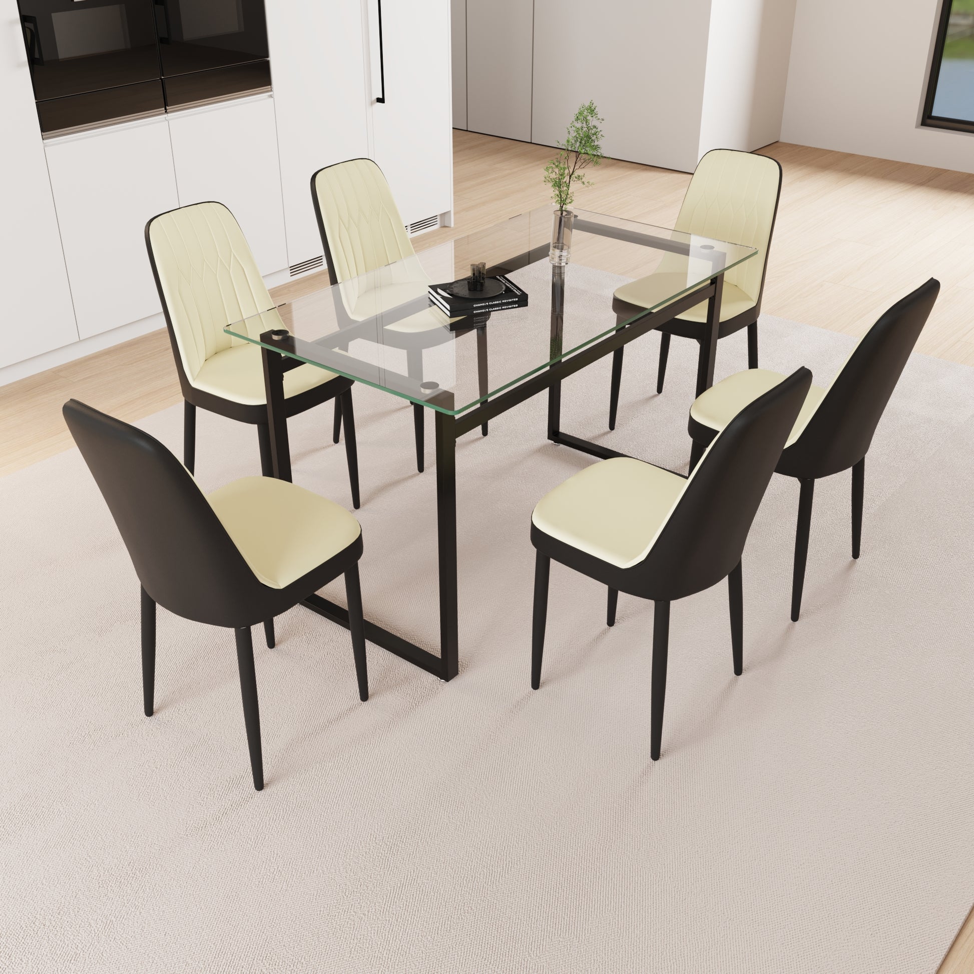 51" 6 Person Glass Dining Table Set, Kitchen Set With Black Metal Leg Dining Table And Chairs, Modern Rectangular Tempered Glass Tabletop And Dining Room Thick Cushioned Pu Dining Chairs Beige Black