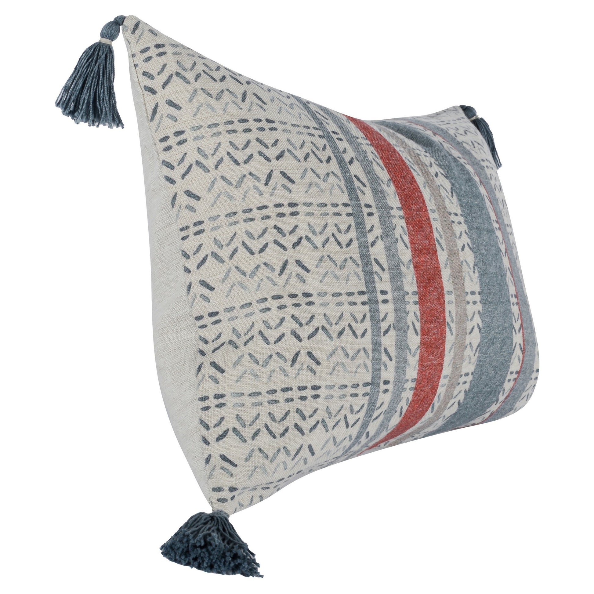 14 X 20 Modern Throw Pillow, Digitally Printed, Stripes, Tassels, Blue, Red Multicolor Linen