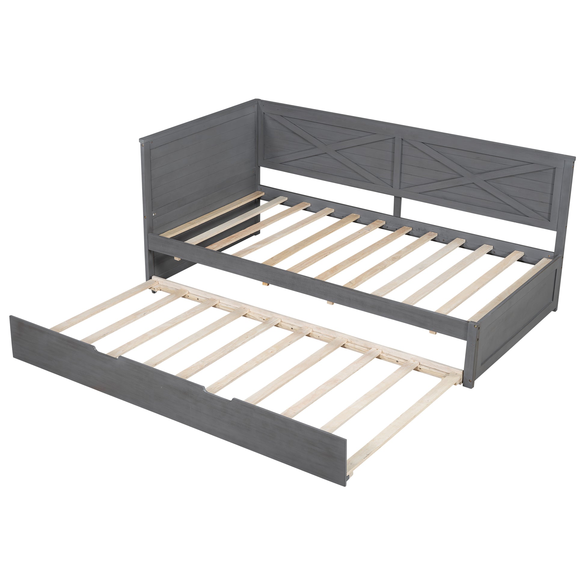 Twin Size Wood Daybed With Trundle And Rustic Guardrail, Ancient Grey Box Spring Not Required Twin Grey Wood Bedroom Solid Wood Mdf