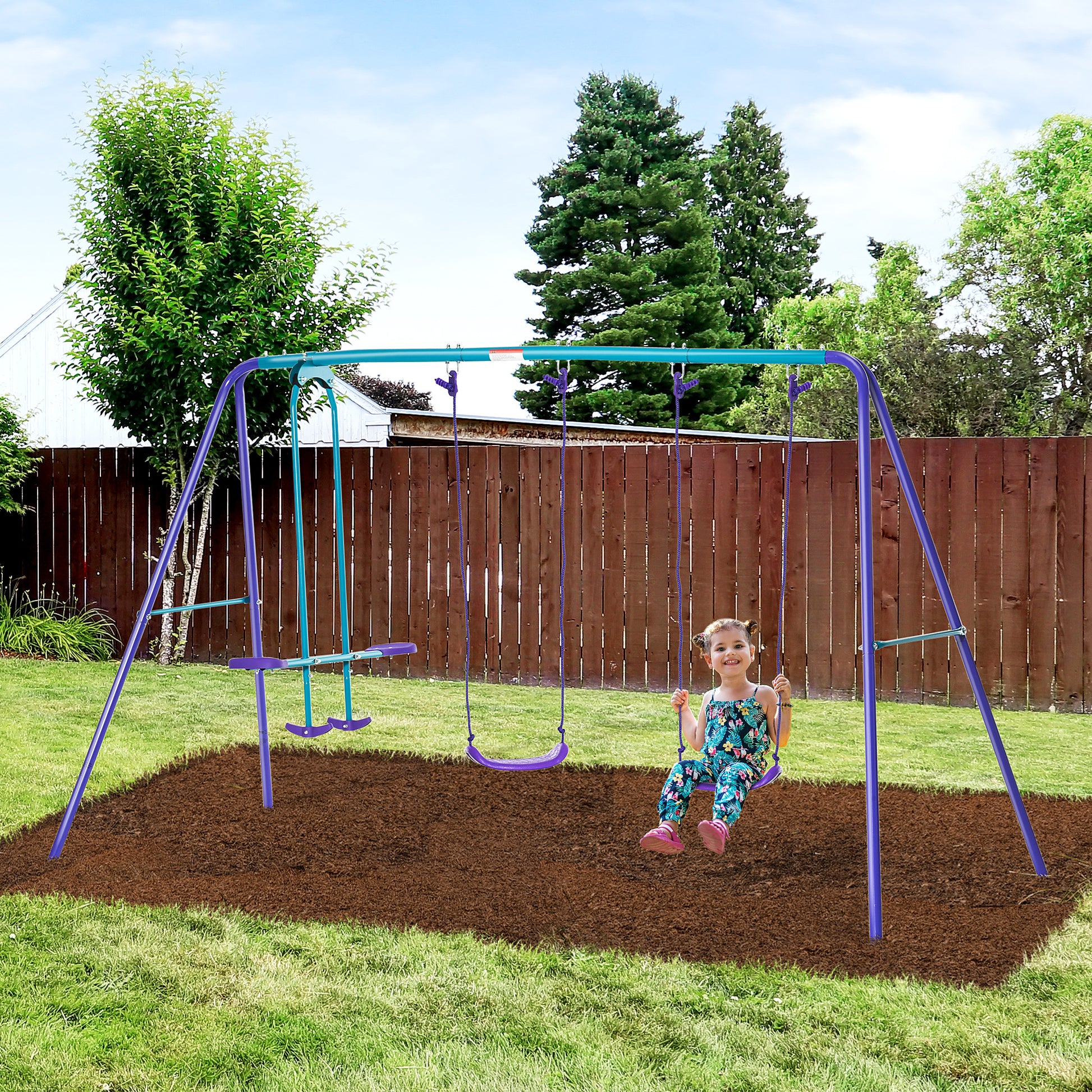 Outsunny Metal Swing Set With Glider, Two Swing Seats And Adjustable Height, Outdoor Heavy Duty A Frame Suitable For Playground, Backyard, Purple Purple Metal