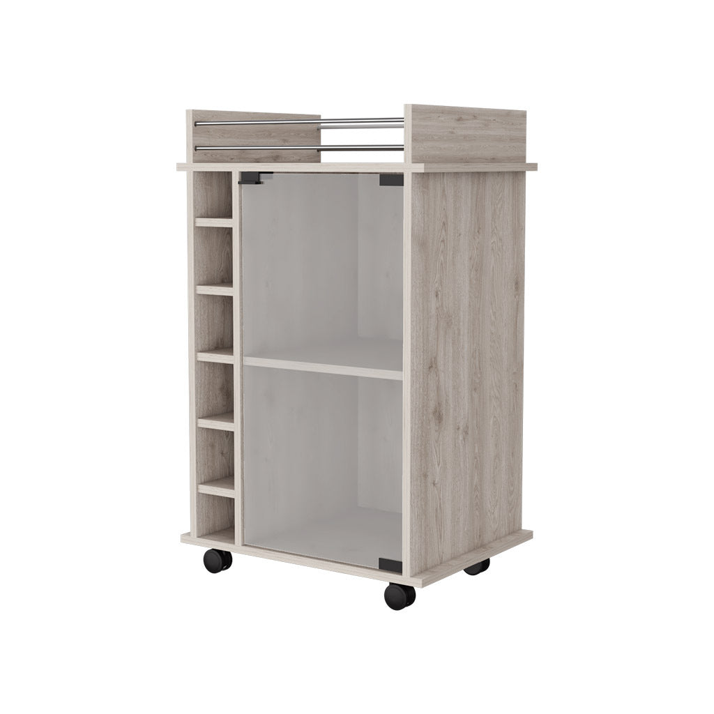 Vegas Bar Cart With 2 Tier Cabinet With Glass Door And 6 Cubbies For Liquor Light Gray Particle Board Engineered Wood