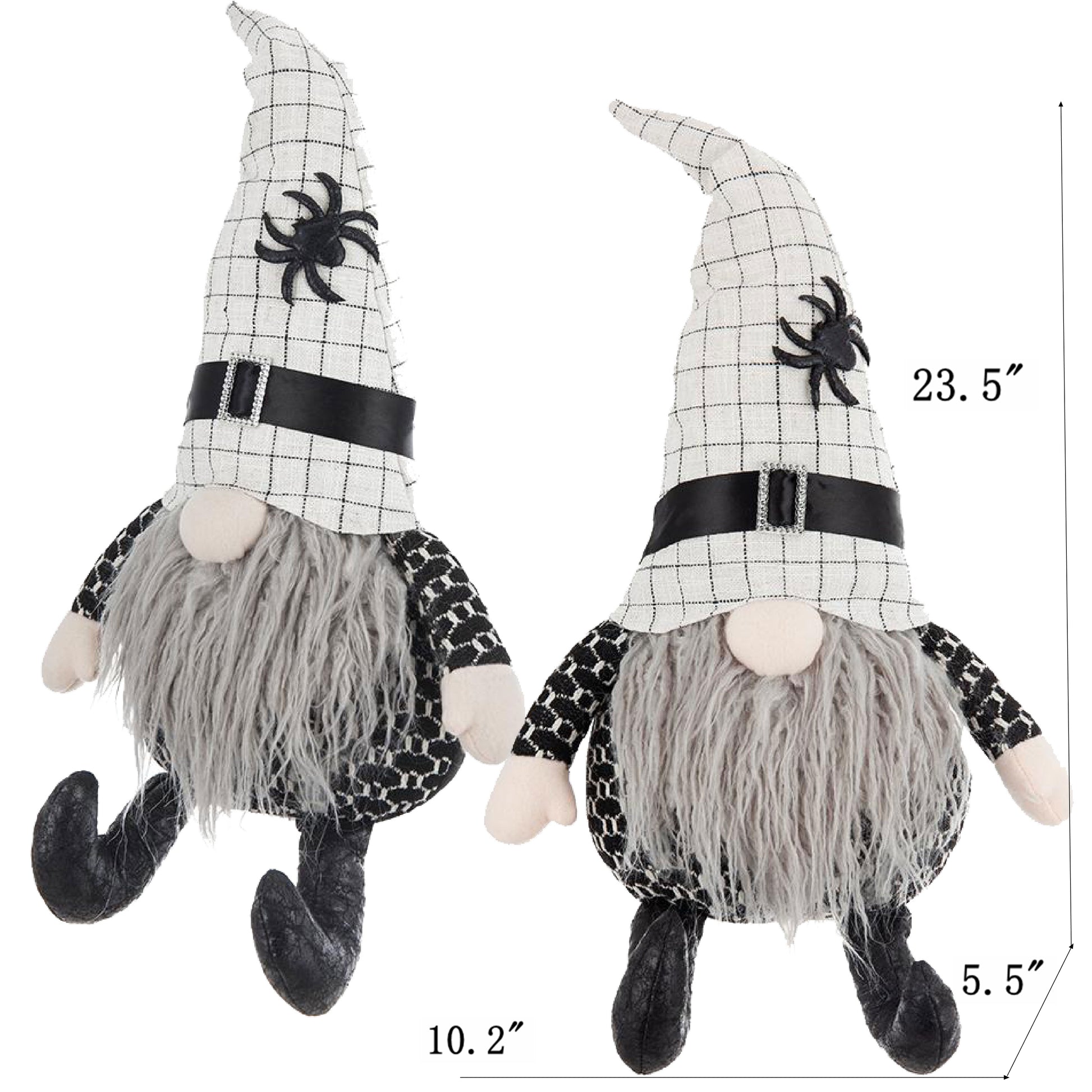 Set Of 2, 10.2X5.5X23.5" Fabric Sitting Gnome With White Hat Spider, For Halloween Decor Black White Polyester