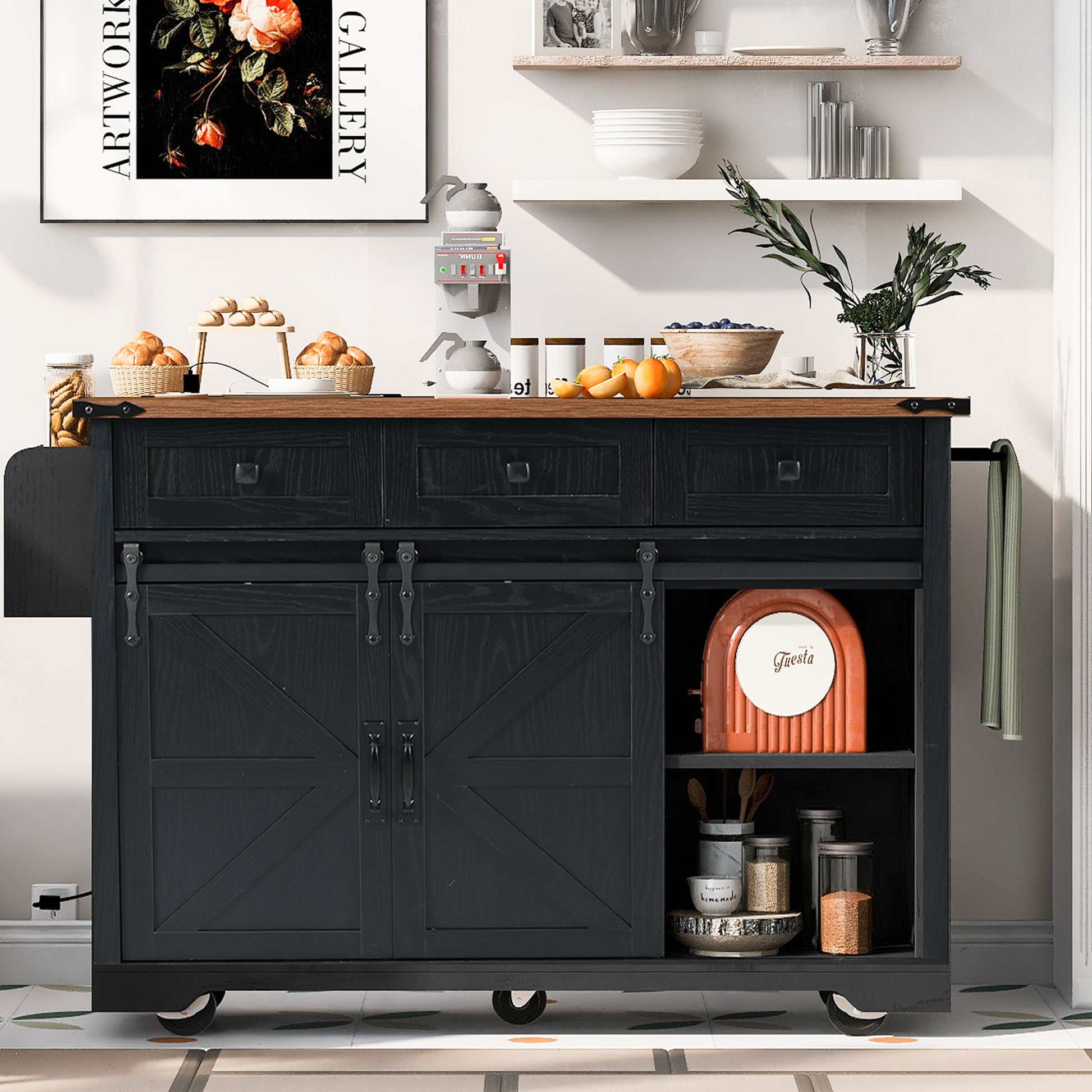 K&K 53.7" Farmhouse Kitchen Island With Power Outlet, 2 Sliding Barn Door Kitchen Storage Island With Drop Leaf, Spice Rack Rolling Kitchen Cart On Wheels, For Home, Kitchen And Dining Room, Black