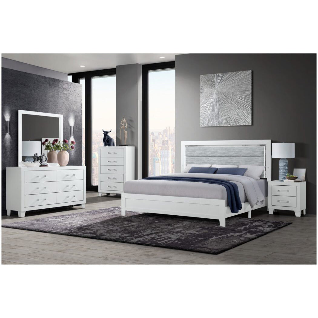Omoda 5Pc White Queen Bedroom Set With Led Box Spring Required Queen White Wood 5 Piece Set Bedroom Bed Included,Chest Included,Dresser Included,Mirror Included,Nightstand Included Contemporary