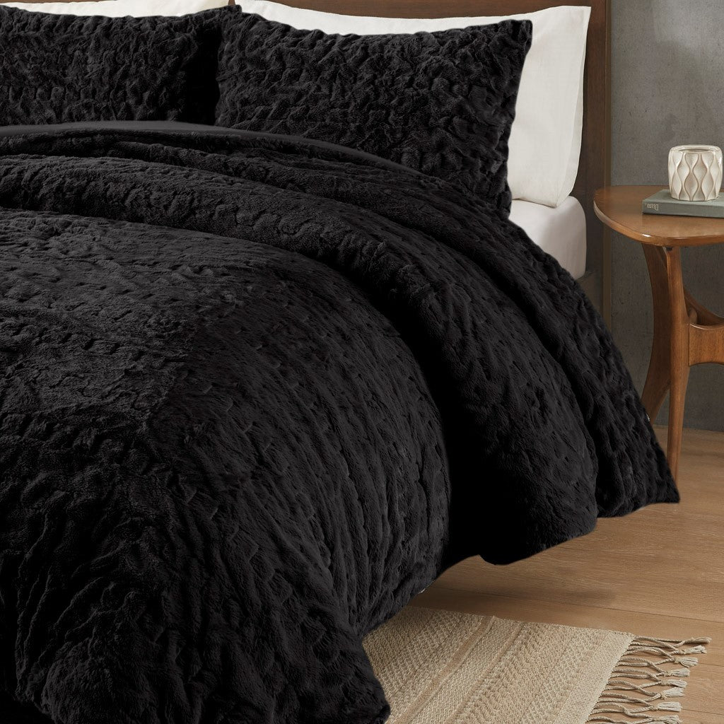 Ruched Fur Down Alternative Comforter Set Queen Black Polyester