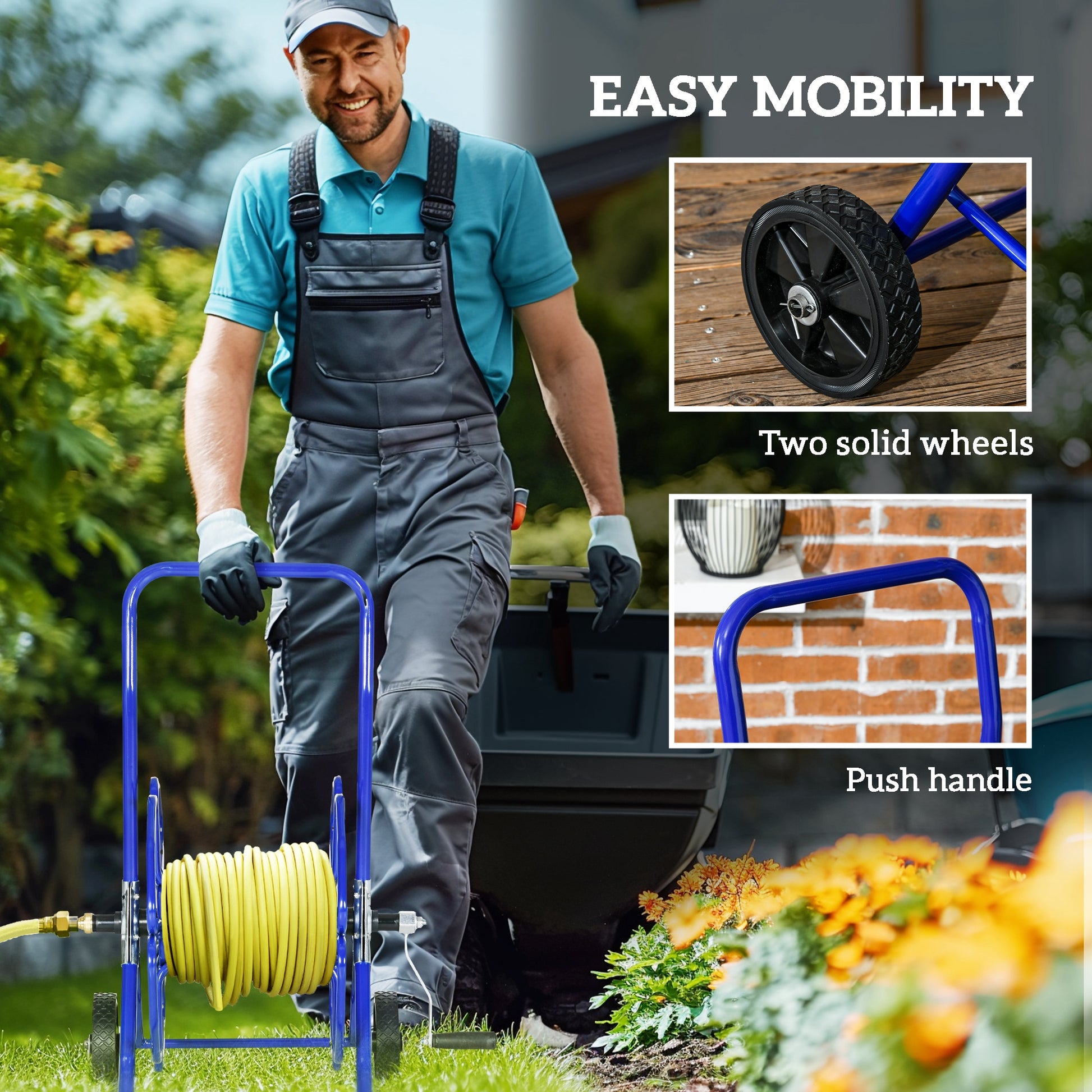 Outsunny Garden Hose Reel Cart, Hold Up To 98' Of 5 8" Hose Hose Not Included , Portable Water Hose Cart With Wheels For Yard, Lawn, Blue Blue Steel