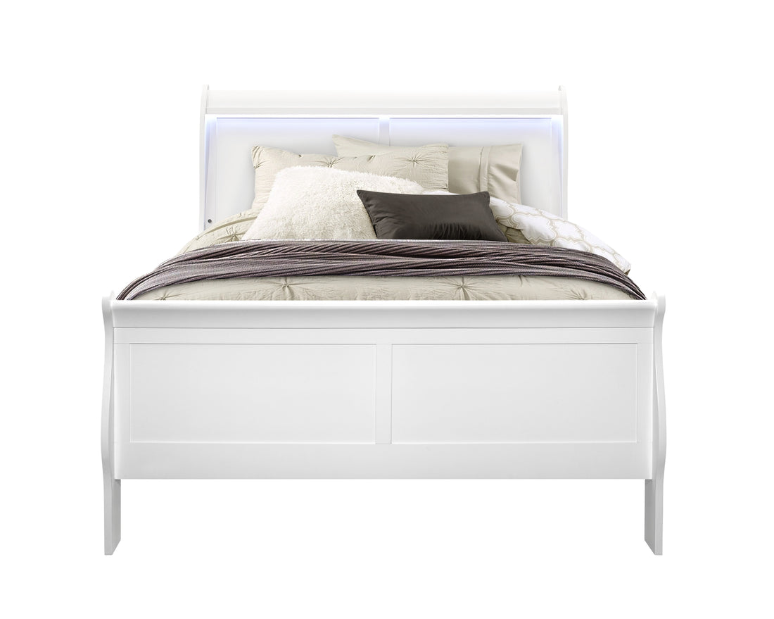 Charlston White Full Bed With Led White Solid Wood Mdf