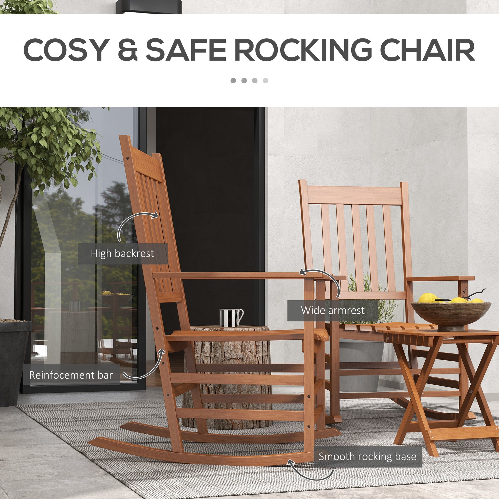 Outsunny Outdoor Rocking Chair Set Of 2 With Side Table, Patio Wooden Rocking Chair With Smooth Armrests, High Back For Garden, Balcony, Porch, Supports Up To 352 Lbs., Teak Natural Wood