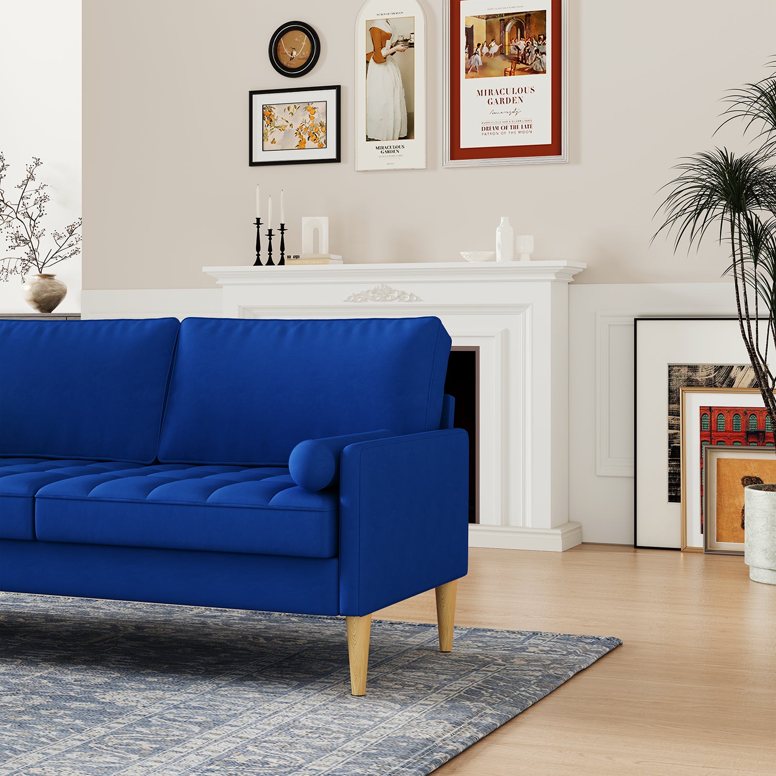 Roma 67.7'' 3 Seater Sofa Couch For Living Room, Modern Sofa,Small Couches For Small Spaces,Upholstered 3 Seater Couch For Bedroom, Apartment, Home Office, Tool Free Assembly,Blue Blue Velvet Wood